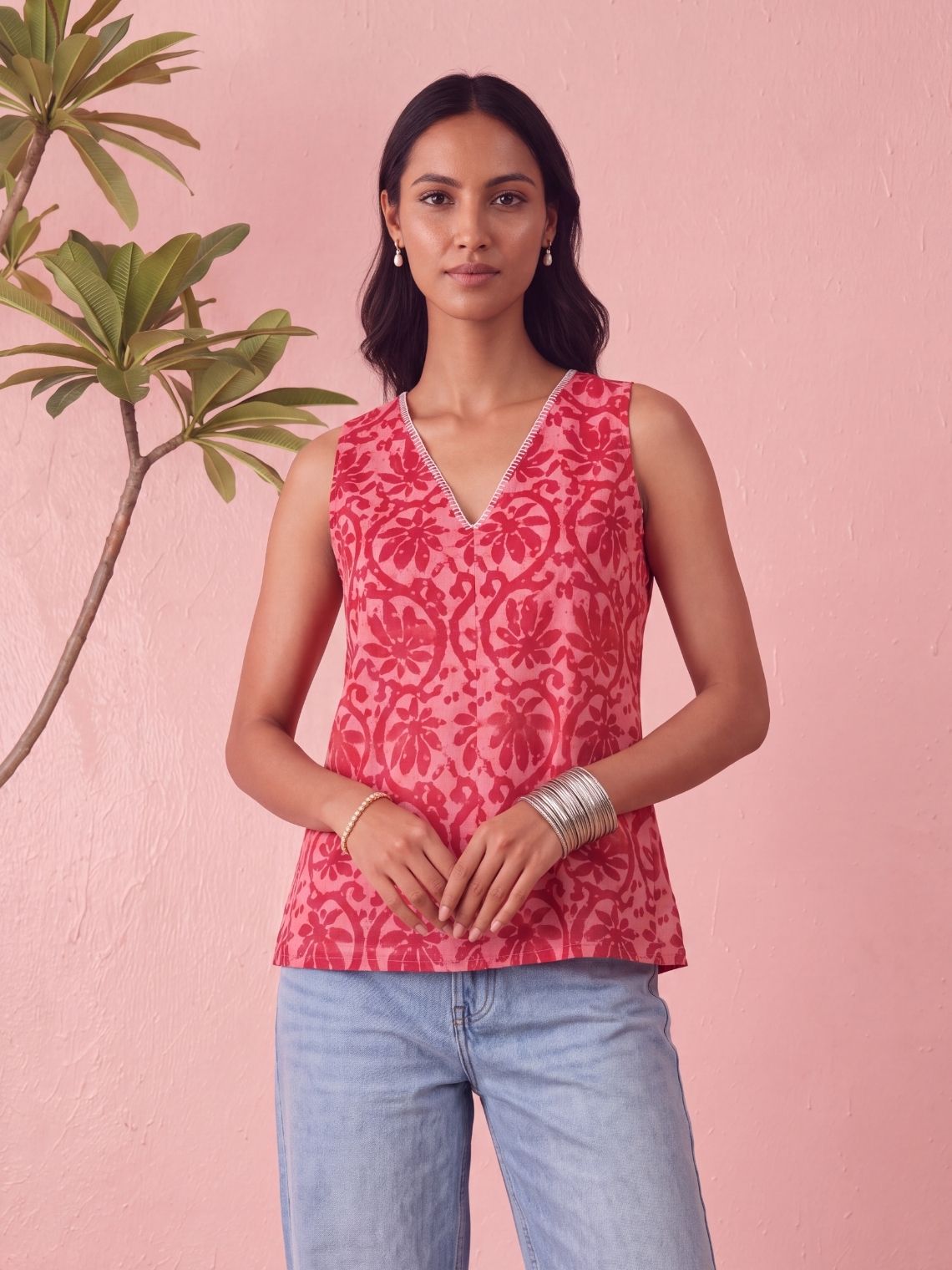 Fiza Handprinted Cotton Top with Blanket Stitch Detailing