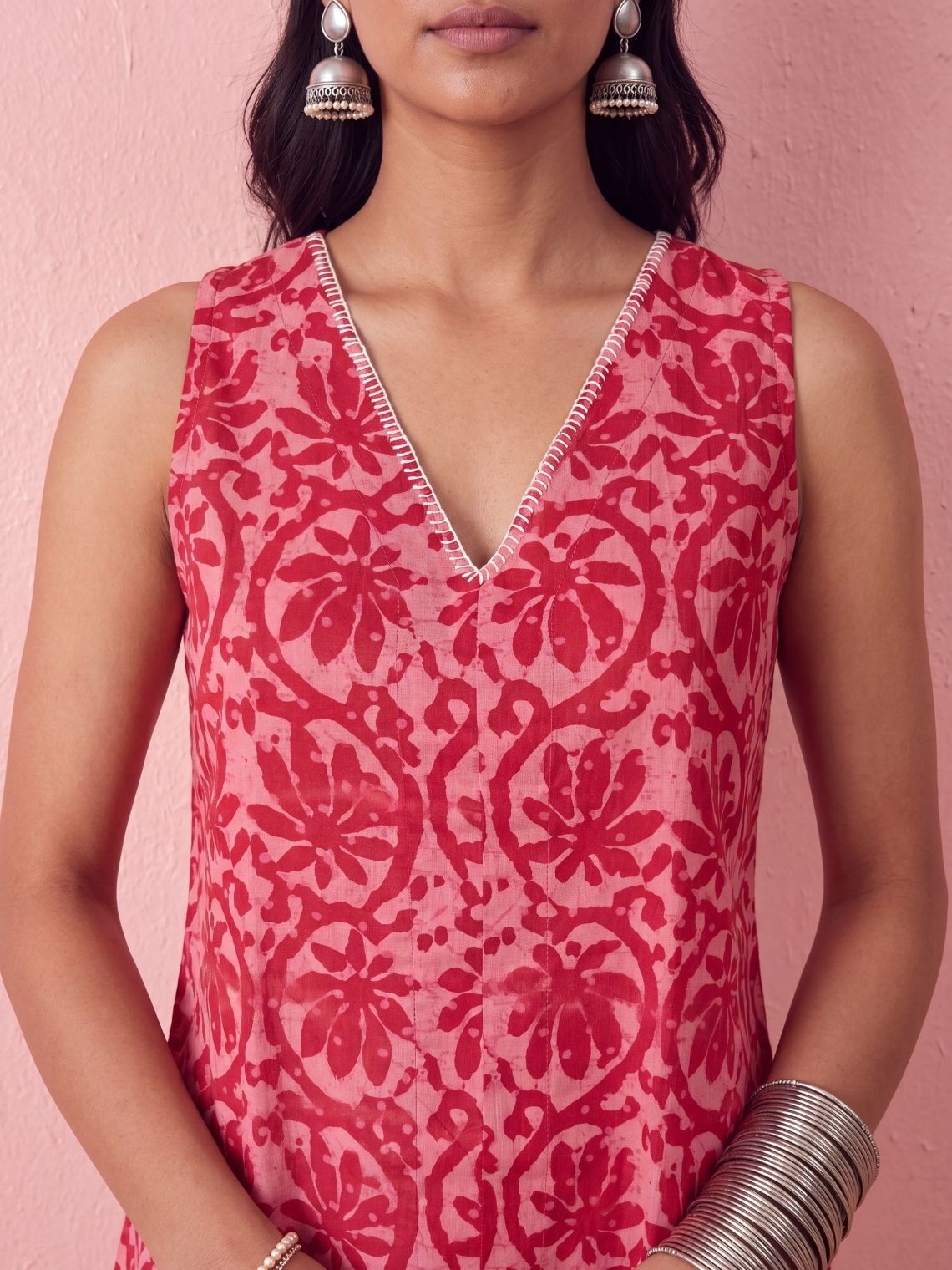 Fiza Handprinted Cotton Top with Blanket Stitch Detailing - Chowkhat Lifestyle