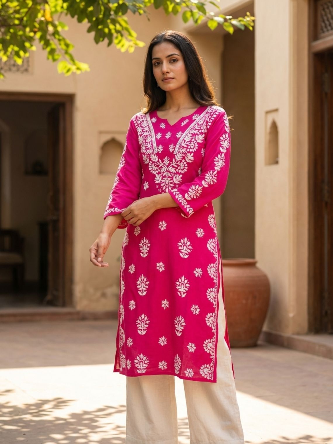 Navya Rayon Straight Chikankari Kurti with Lace - Chowkhat Lifestyle