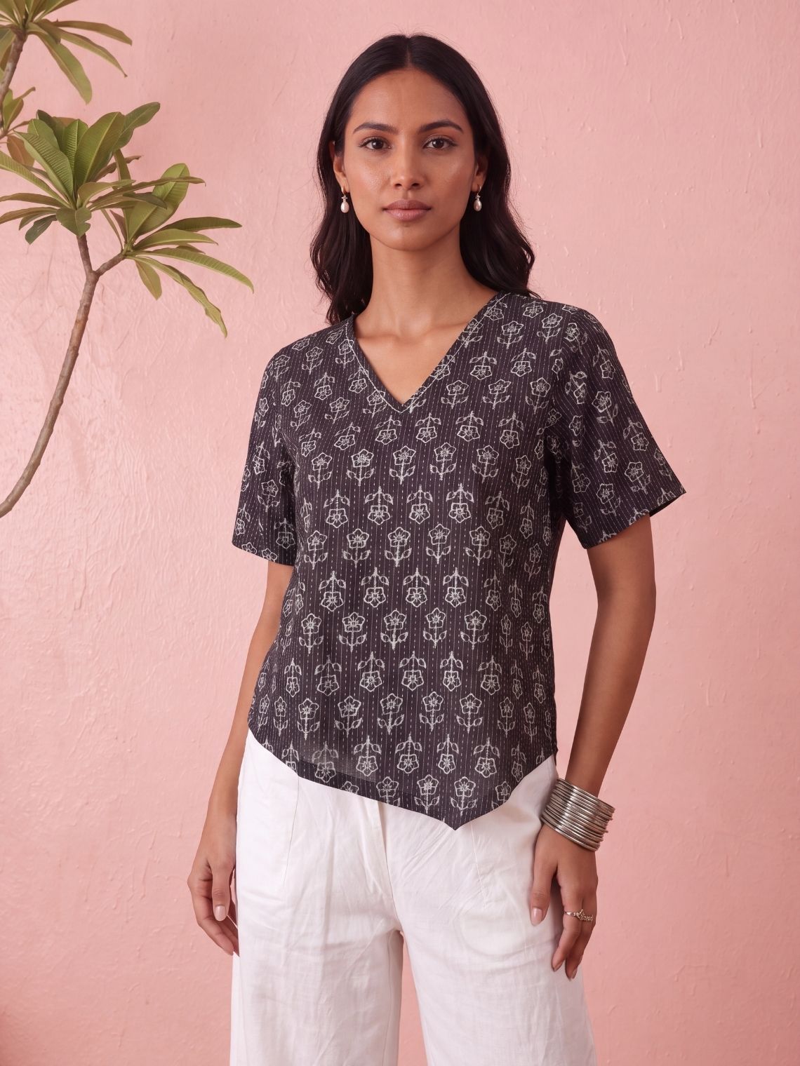 Kaya Handprinted Cotton Kantha Asymmetrical Top with Tie-Back - Chowkhat Lifestyle