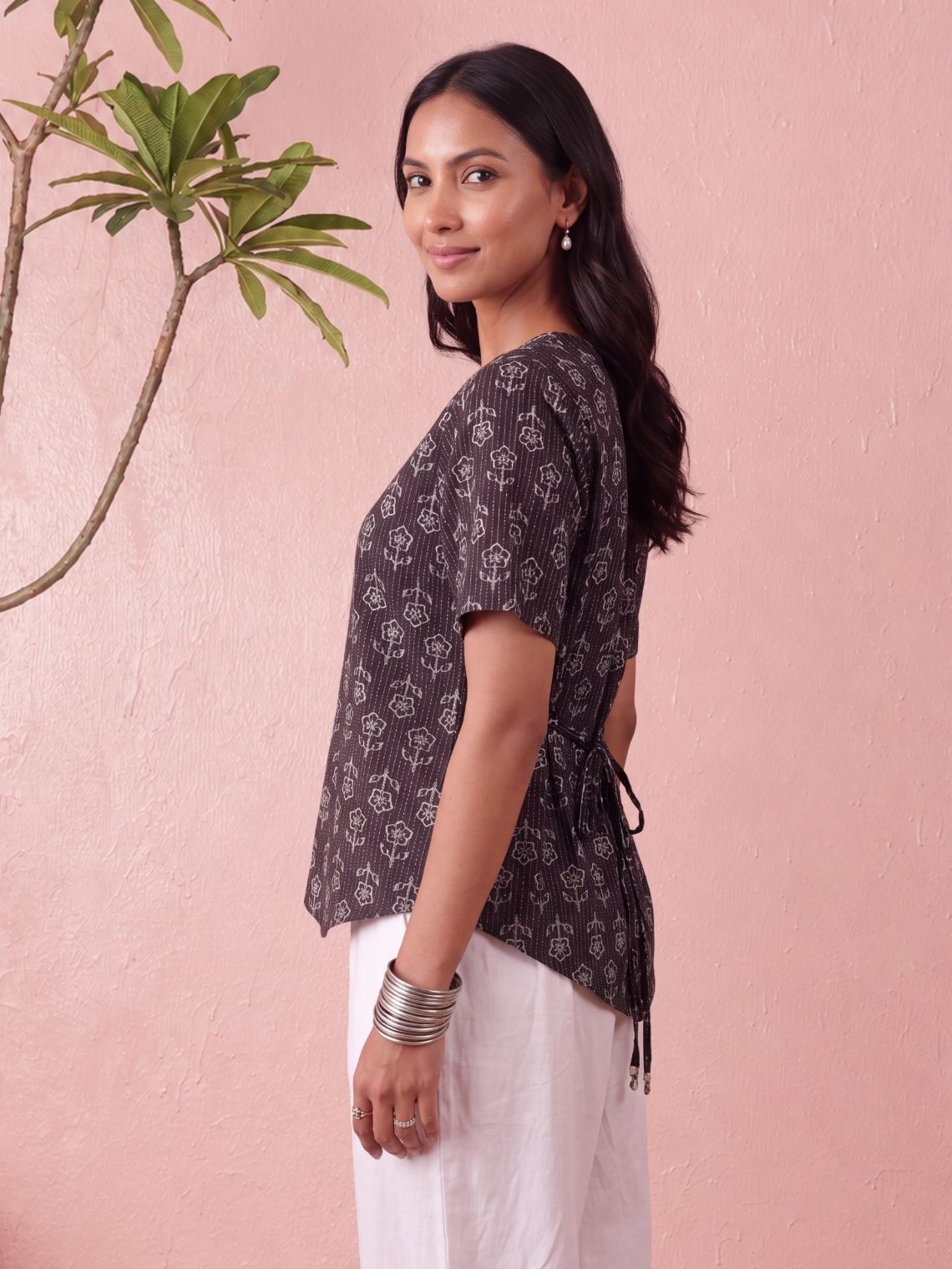 Kaya Handprinted Cotton Kantha Asymmetrical Top with Tie-Back - Chowkhat Lifestyle