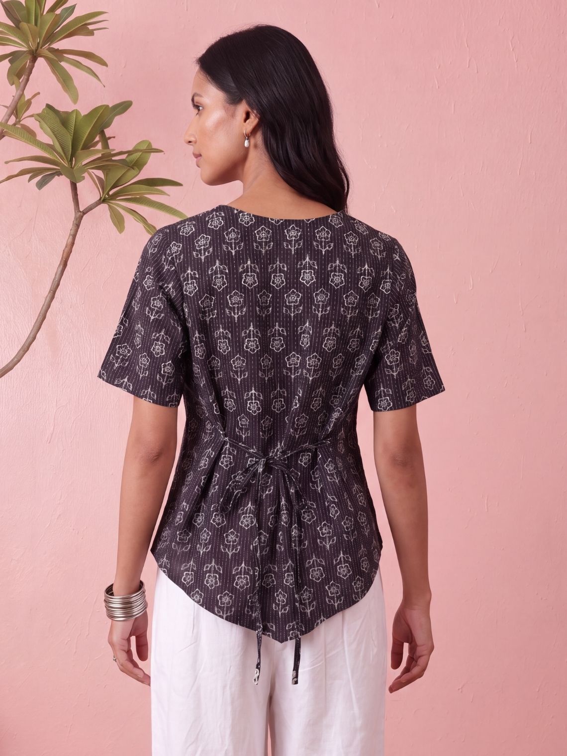 Kaya Handprinted Cotton Kantha Asymmetrical Top with Tie-Back - Chowkhat Lifestyle