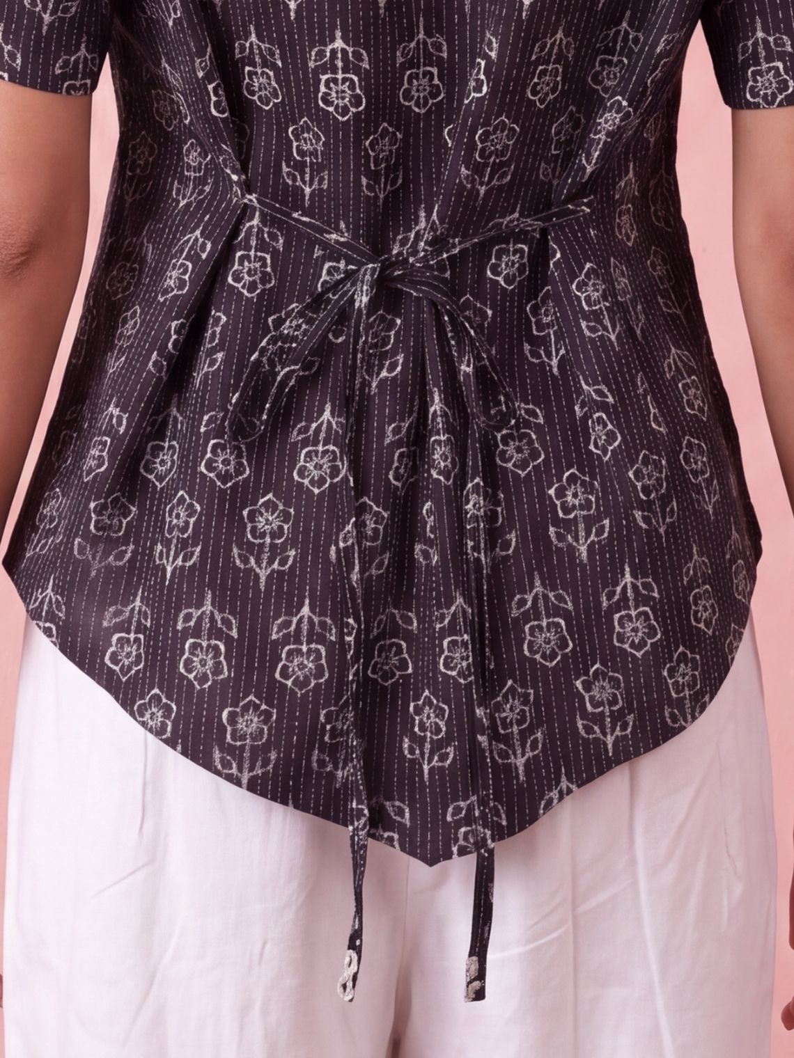 Kaya Handprinted Cotton Kantha Asymmetrical Top with Tie-Back - Chowkhat Lifestyle