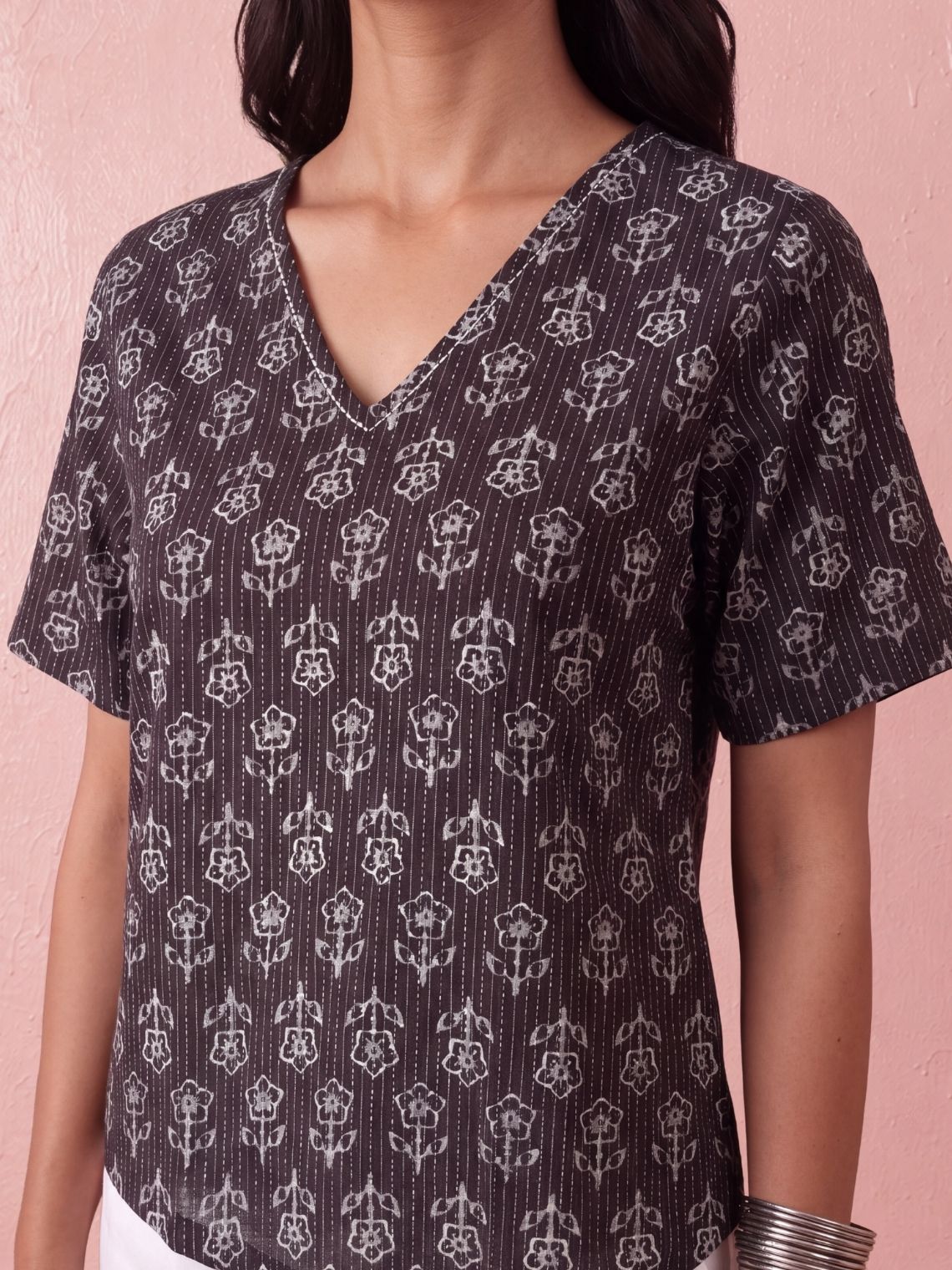 Kaya Handprinted Cotton Kantha Asymmetrical Top with Tie-Back - Chowkhat Lifestyle