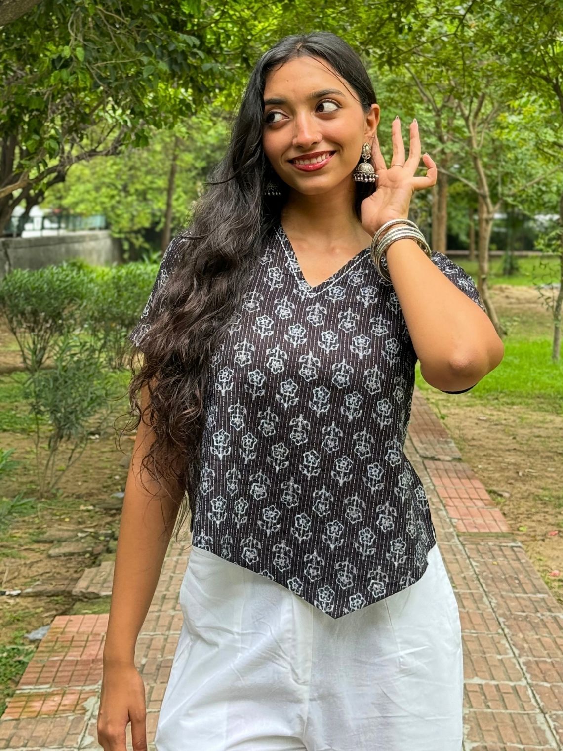 Kaya Handprinted Cotton Kantha Asymmetrical Top with Tie-Back - Chowkhat Lifestyle