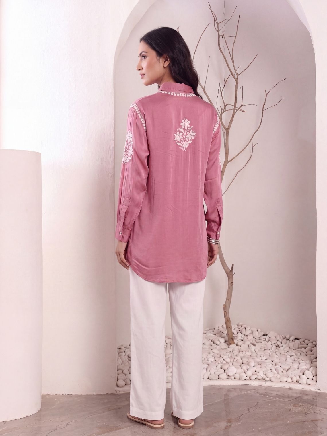 Kashika Modal Satin Chikankari High Low Shirt - Chowkhat Lifestyle