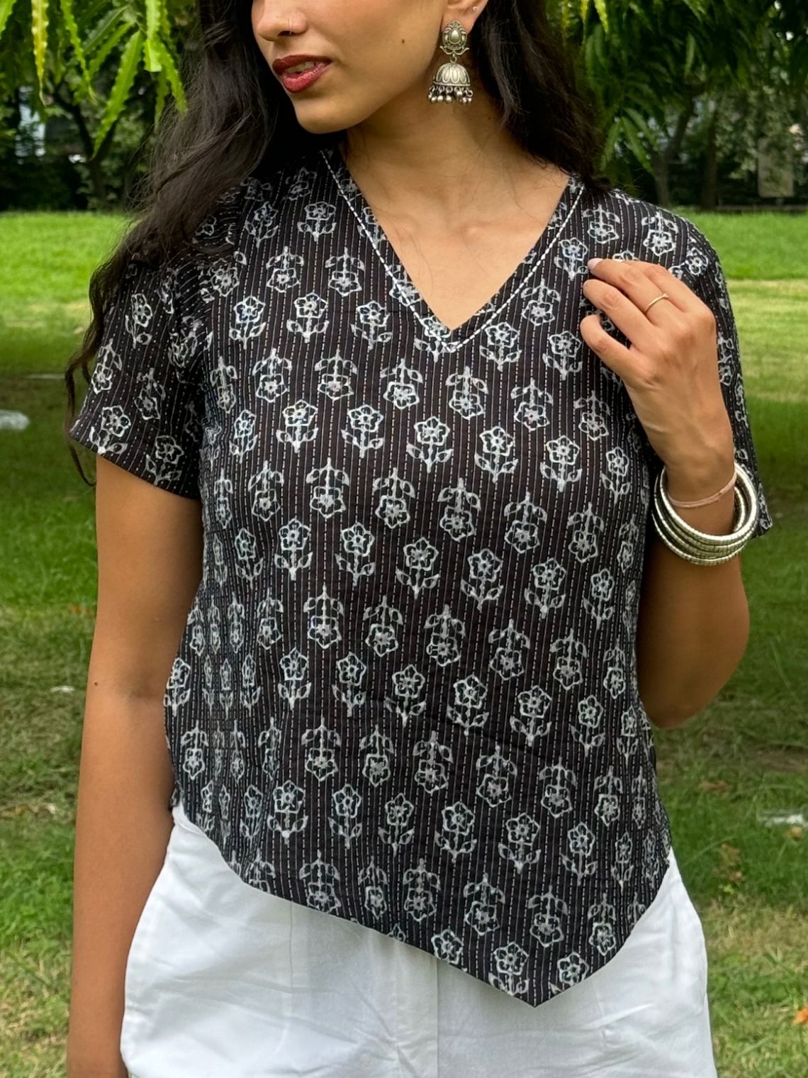 Kaya Handprinted Cotton Kantha Asymmetrical Top with Tie-Back - Chowkhat Lifestyle