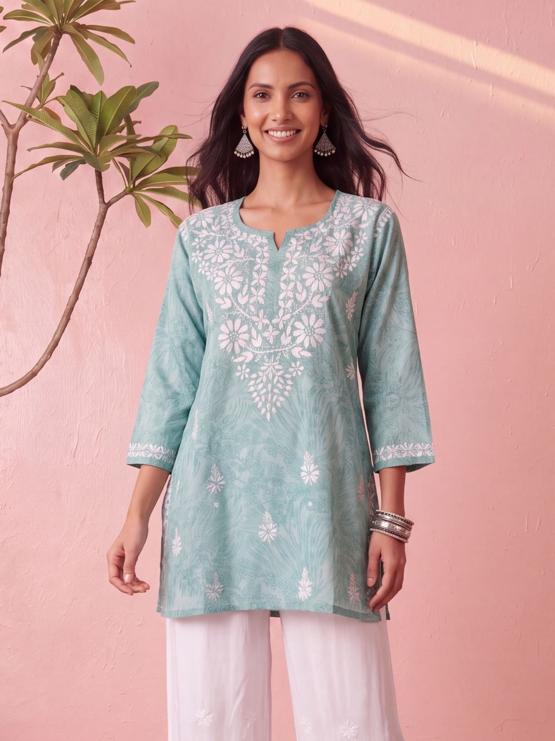 Yana Mul Cotton Short Handprinted Chikankari Kurti - Chowkhat Lifestyle