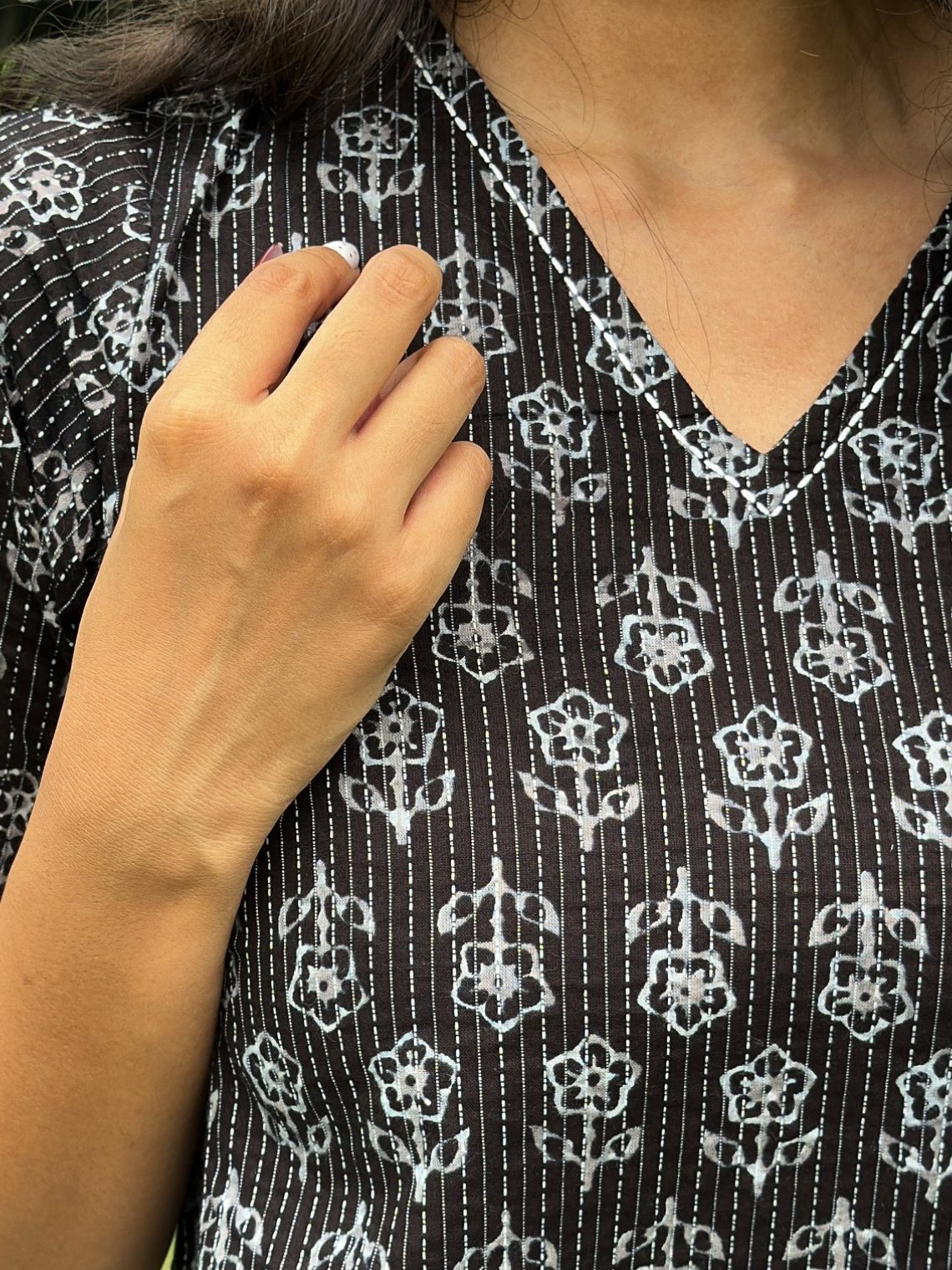 Kaya Handprinted Cotton Kantha Asymmetrical Top with Tie-Back - Chowkhat Lifestyle