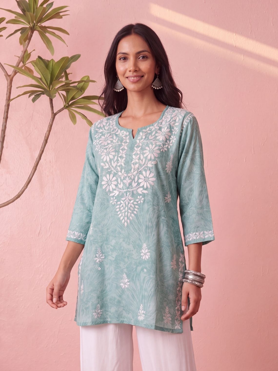 Yana Mul Cotton Short Handprinted Chikankari Kurti - Chowkhat Lifestyle