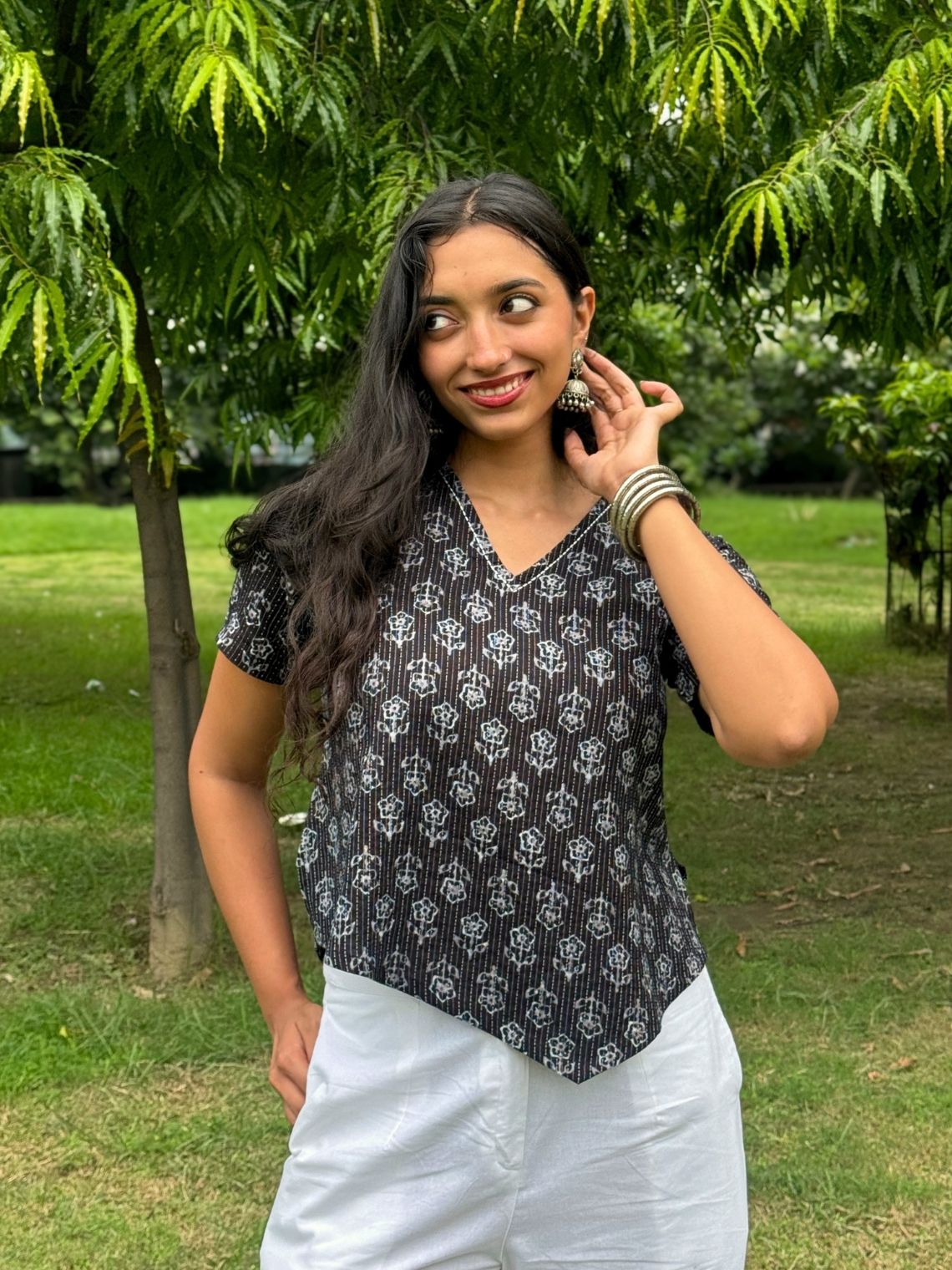 Kaya Handprinted Cotton Kantha Asymmetrical Top with Tie-Back - Chowkhat Lifestyle