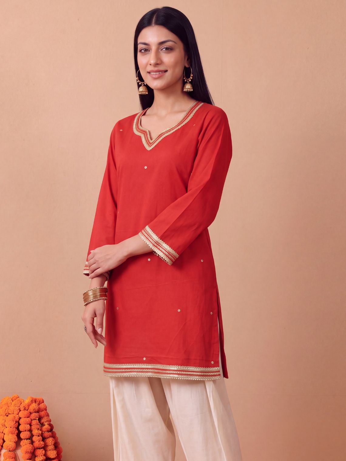 Fariha Bell-Sleeve Cotton Kurta with Lace, Sequin & Zari Work - Chowkhat Lifestyle