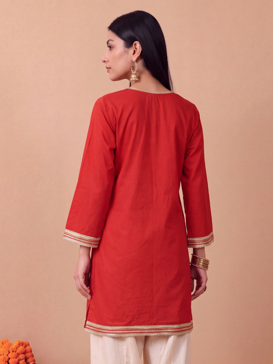 Fariha Bell-Sleeve Cotton Kurta with Lace, Sequin & Zari Work - Chowkhat Lifestyle