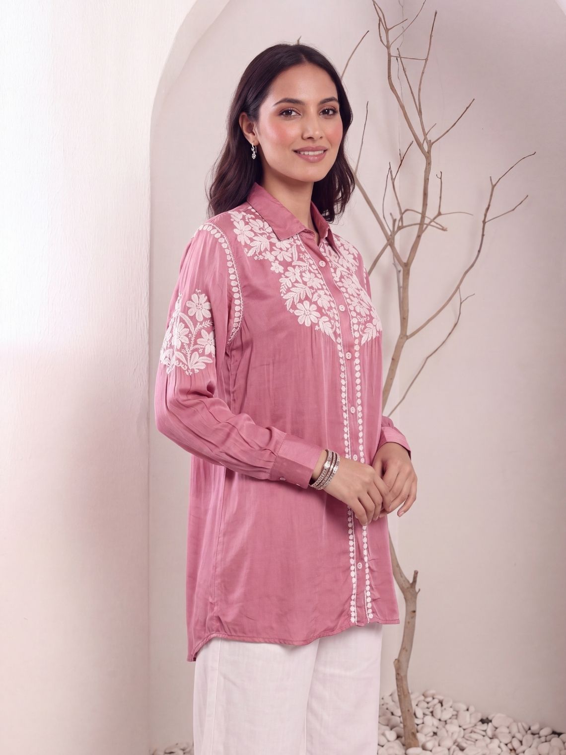 Kashika Modal Satin Chikankari High Low Shirt - Chowkhat Lifestyle