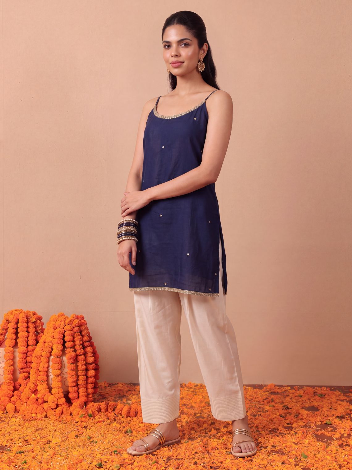 Kalika Strappy A-Line Cotton Kurta with Lace, Sequin & Zari Work - Chowkhat Lifestyle