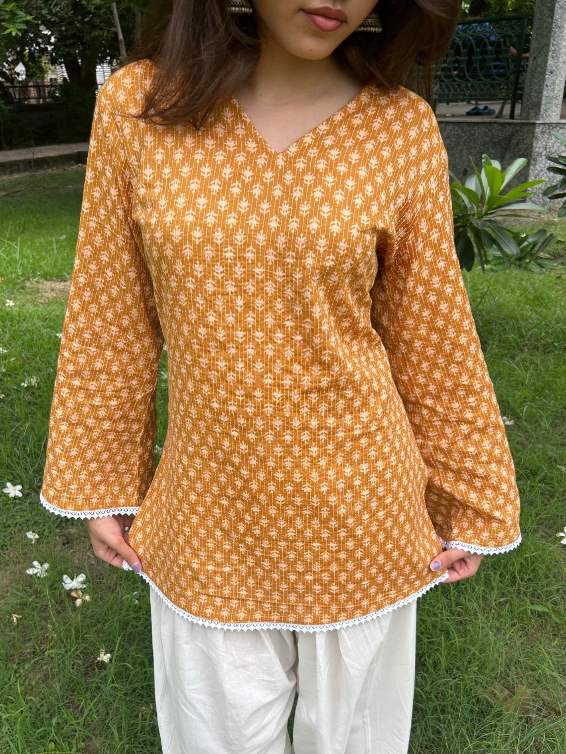Disha Hand Printed Cotton Kurti with Lace - Chowkhat Lifestyle