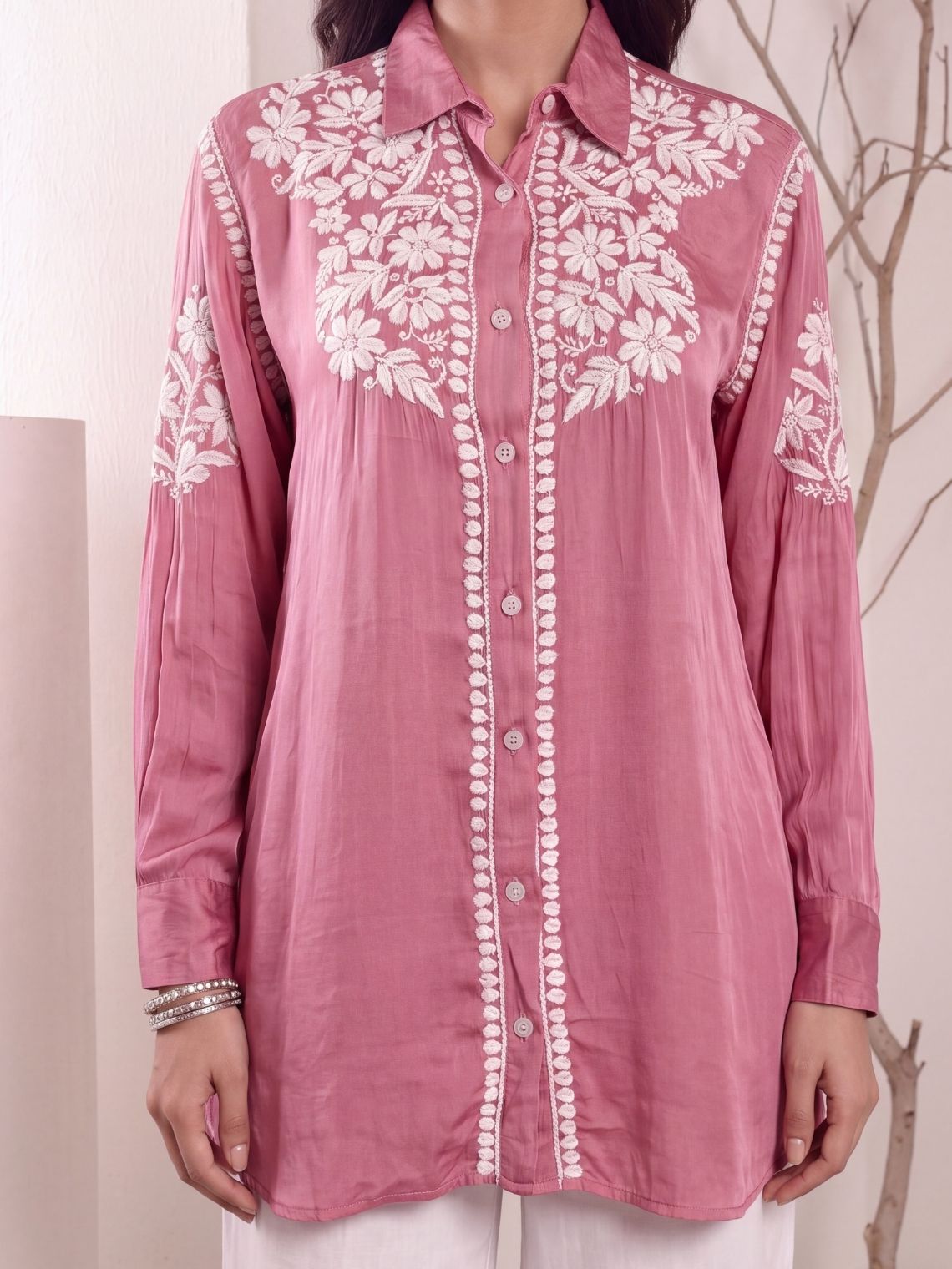 Kashika Modal Satin Chikankari High Low Shirt - Chowkhat Lifestyle