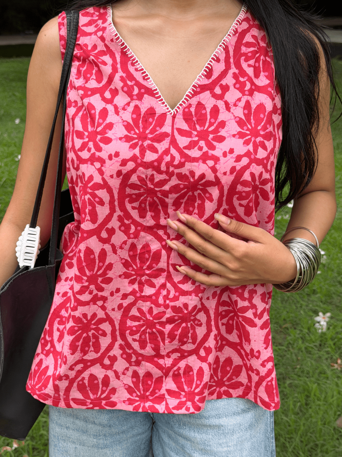 Fiza Handprinted Cotton Top with Blanket Stitch Detailing - Chowkhat Lifestyle