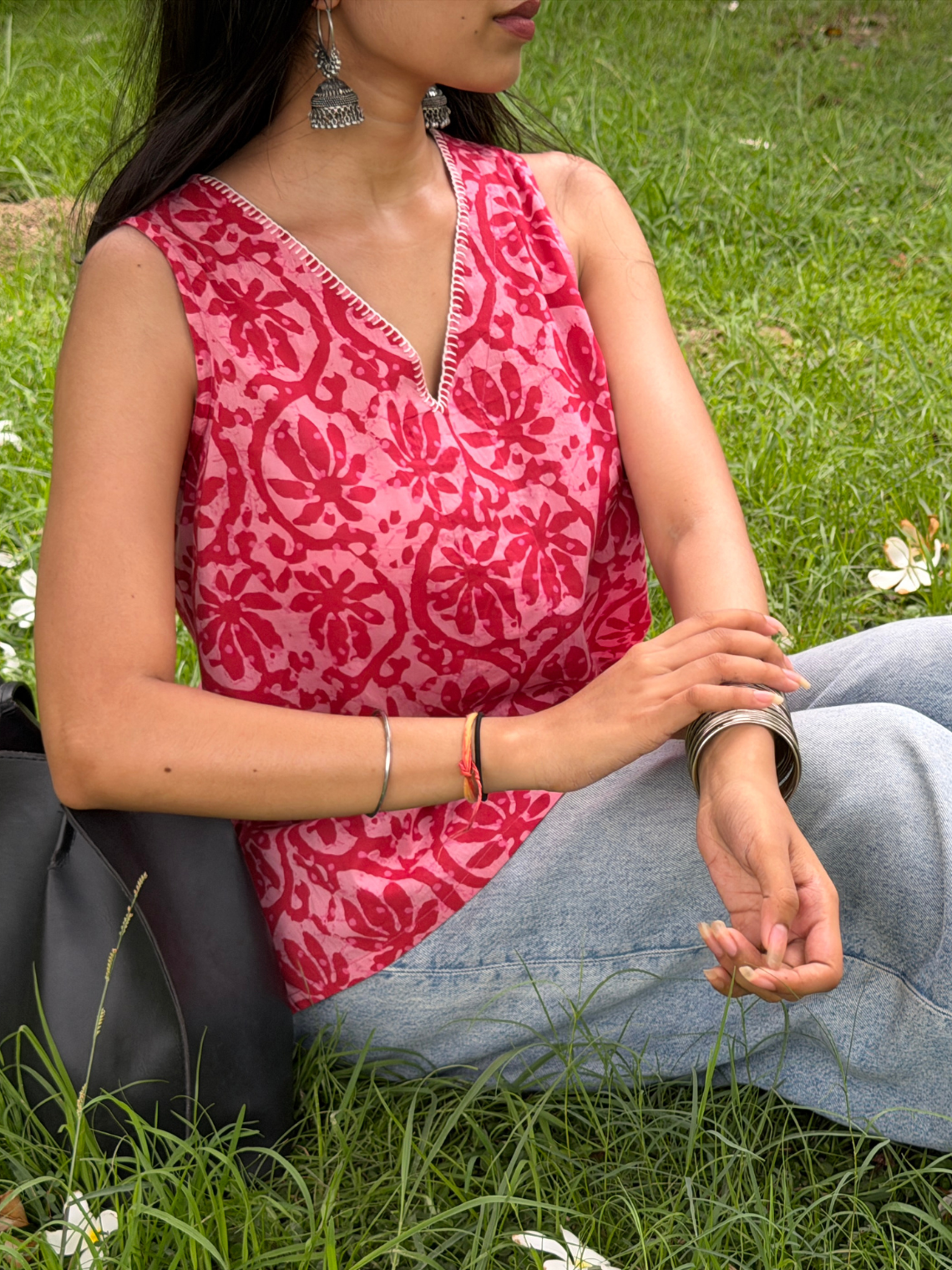 Fiza Handprinted Cotton Top with Blanket Stitch Detailing - Chowkhat Lifestyle
