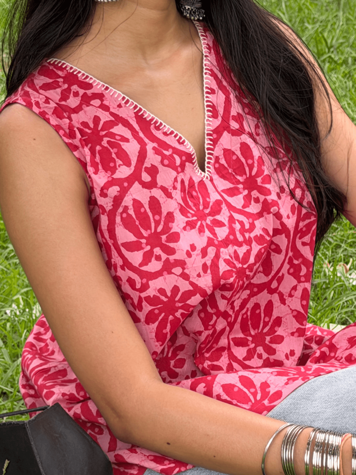 Fiza Handprinted Cotton Top with Blanket Stitch Detailing - Chowkhat Lifestyle