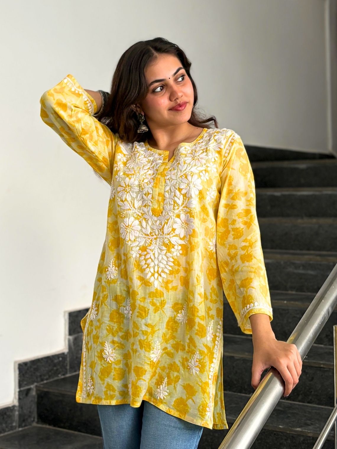 Diya Mul Cotton Short Handprinted Chikankari Kurti - Chowkhat Lifestyle