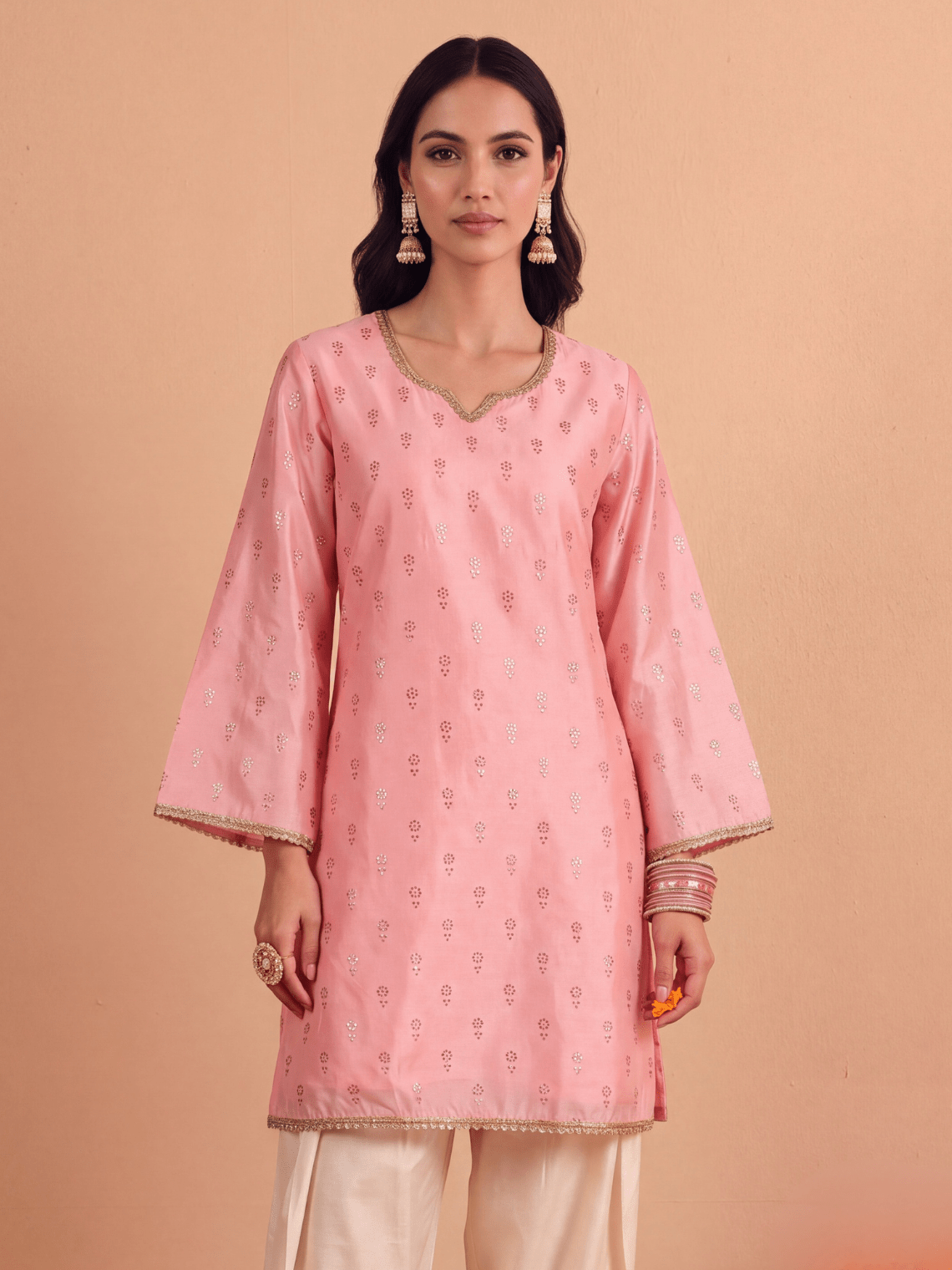Megha Chanderi Silk A-Line Kurta with Stone & Lace Detailing - Chowkhat Lifestyle