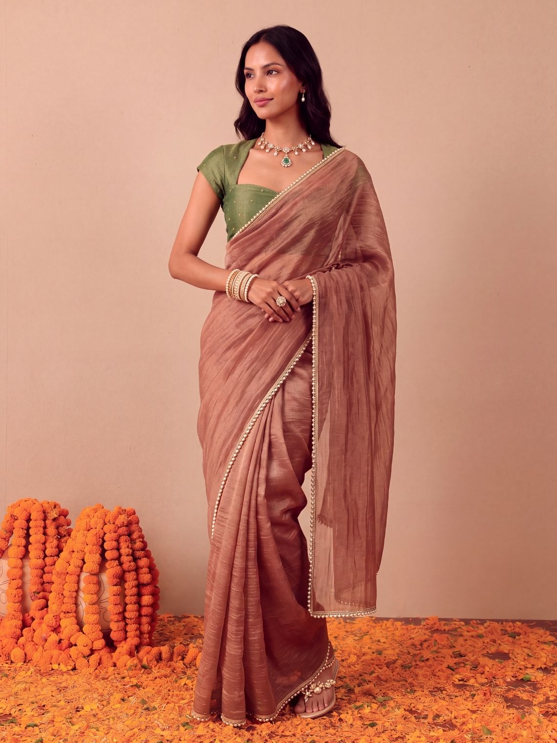Param Sundari Shimmer Tissue Saree with Lace Detailing & Contrast Blouse Piece - Chowkhat Lifestyle
