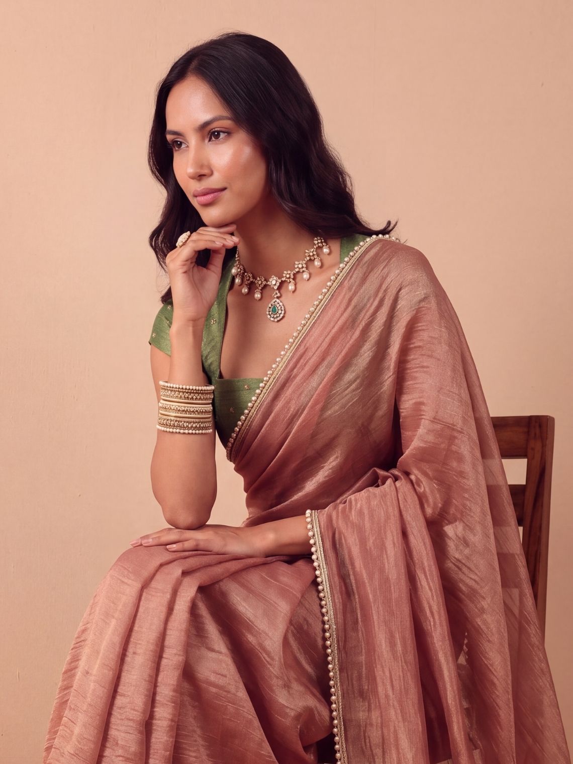 Param Sundari Shimmer Tissue Saree with Lace Detailing & Contrast Blouse Piece - Chowkhat Lifestyle