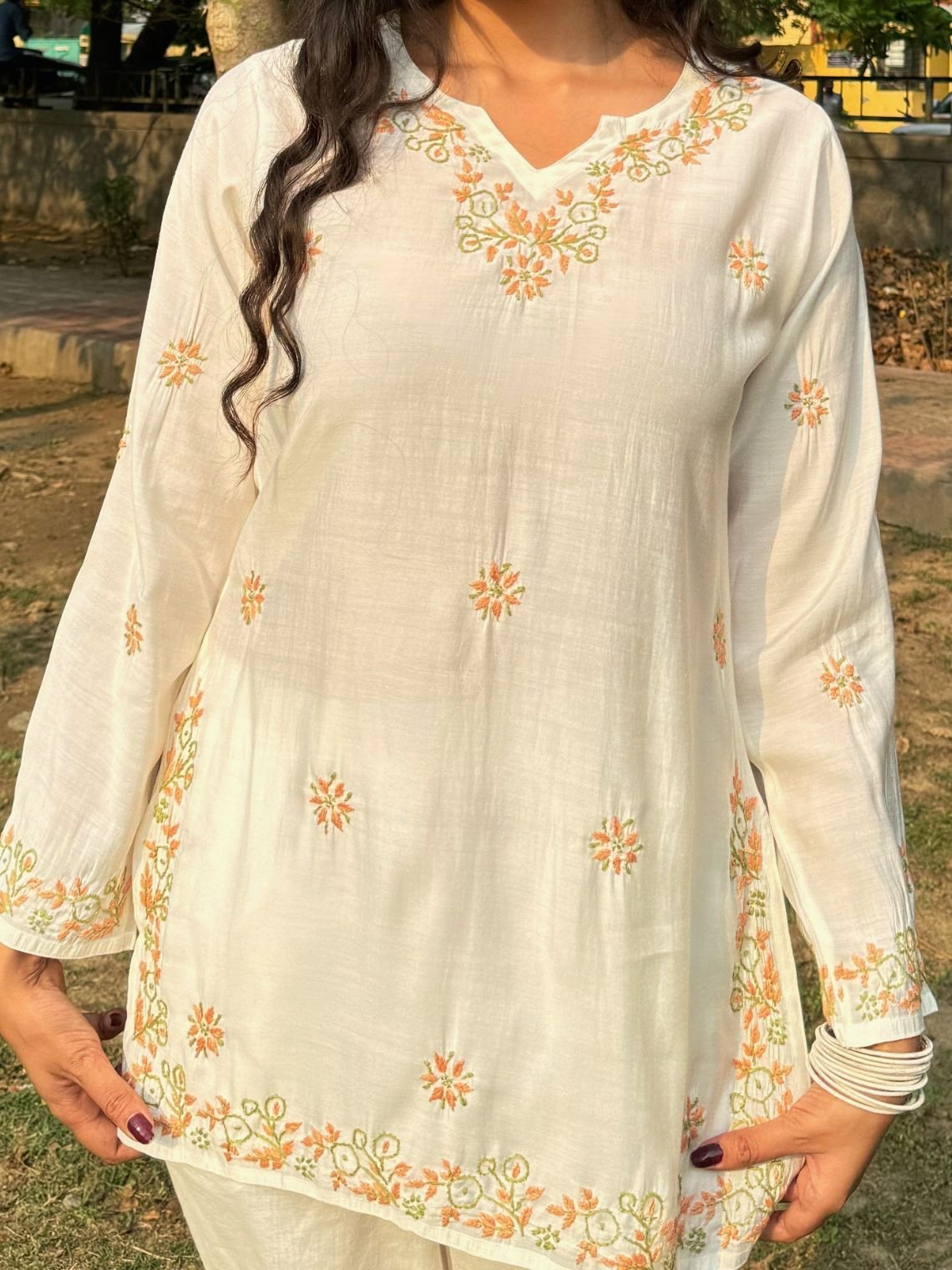 Phool Premium Chanderi Short Chikankari Kurti - Chowkhat Lifestyle