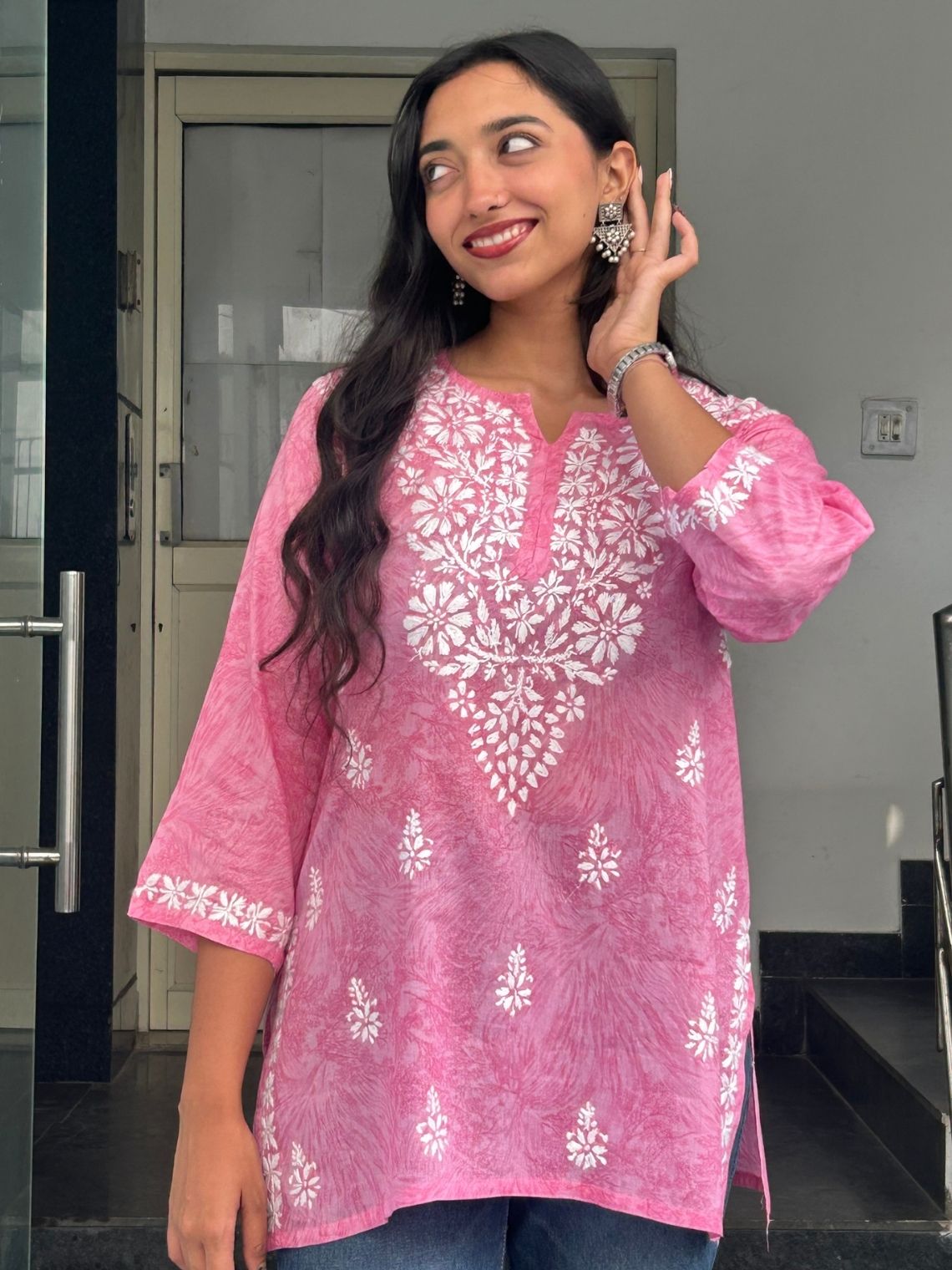 Yana Mul Cotton Short Handprinted Chikankari Kurti - Chowkhat Lifestyle