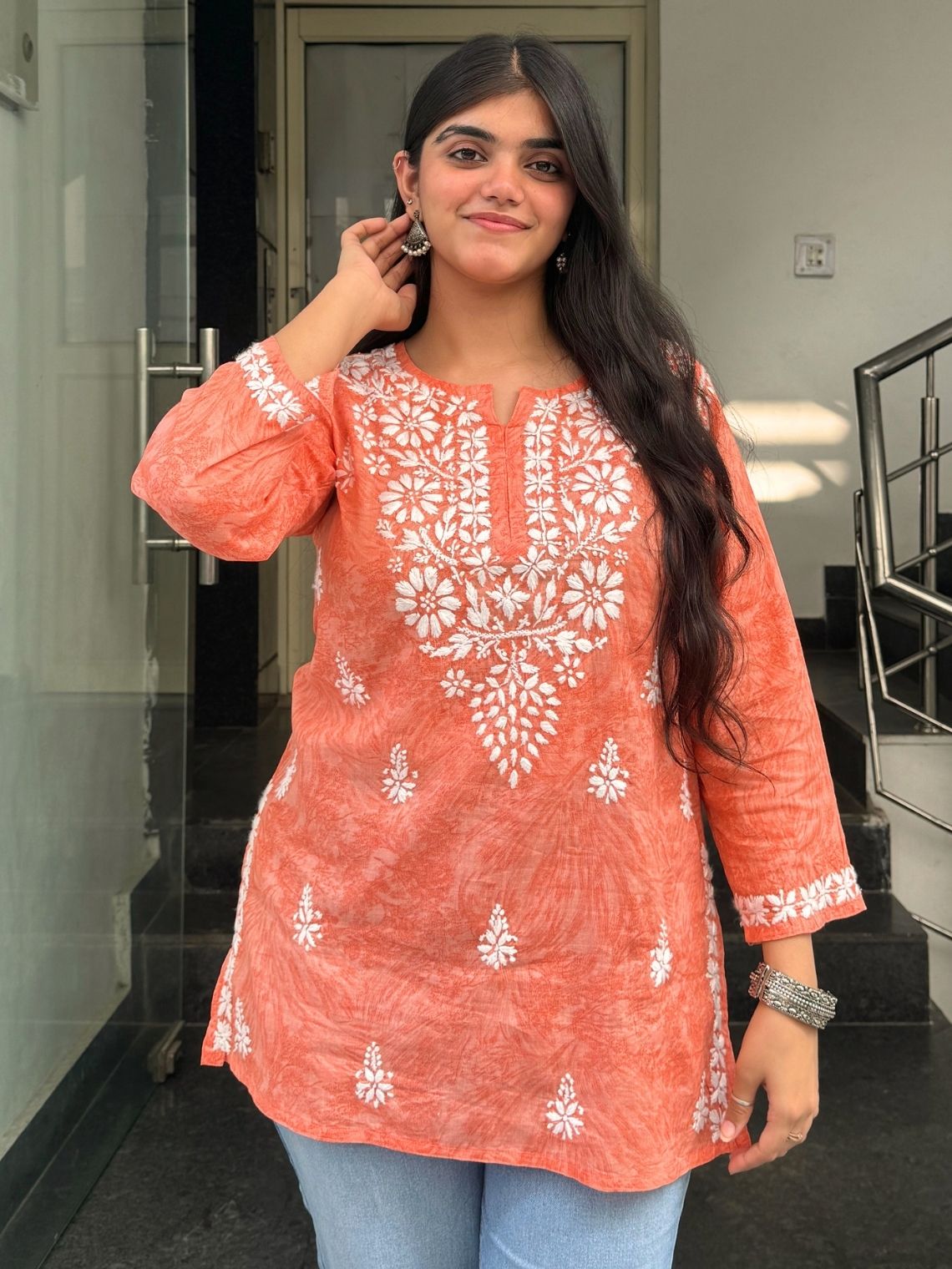 Yana Mul Cotton Short Handprinted Chikankari Kurti - Chowkhat Lifestyle