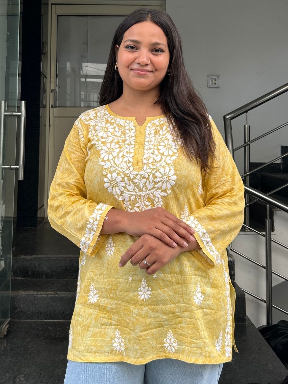 Yana Mul Cotton Short Handprinted Chikankari Kurti - Chowkhat Lifestyle