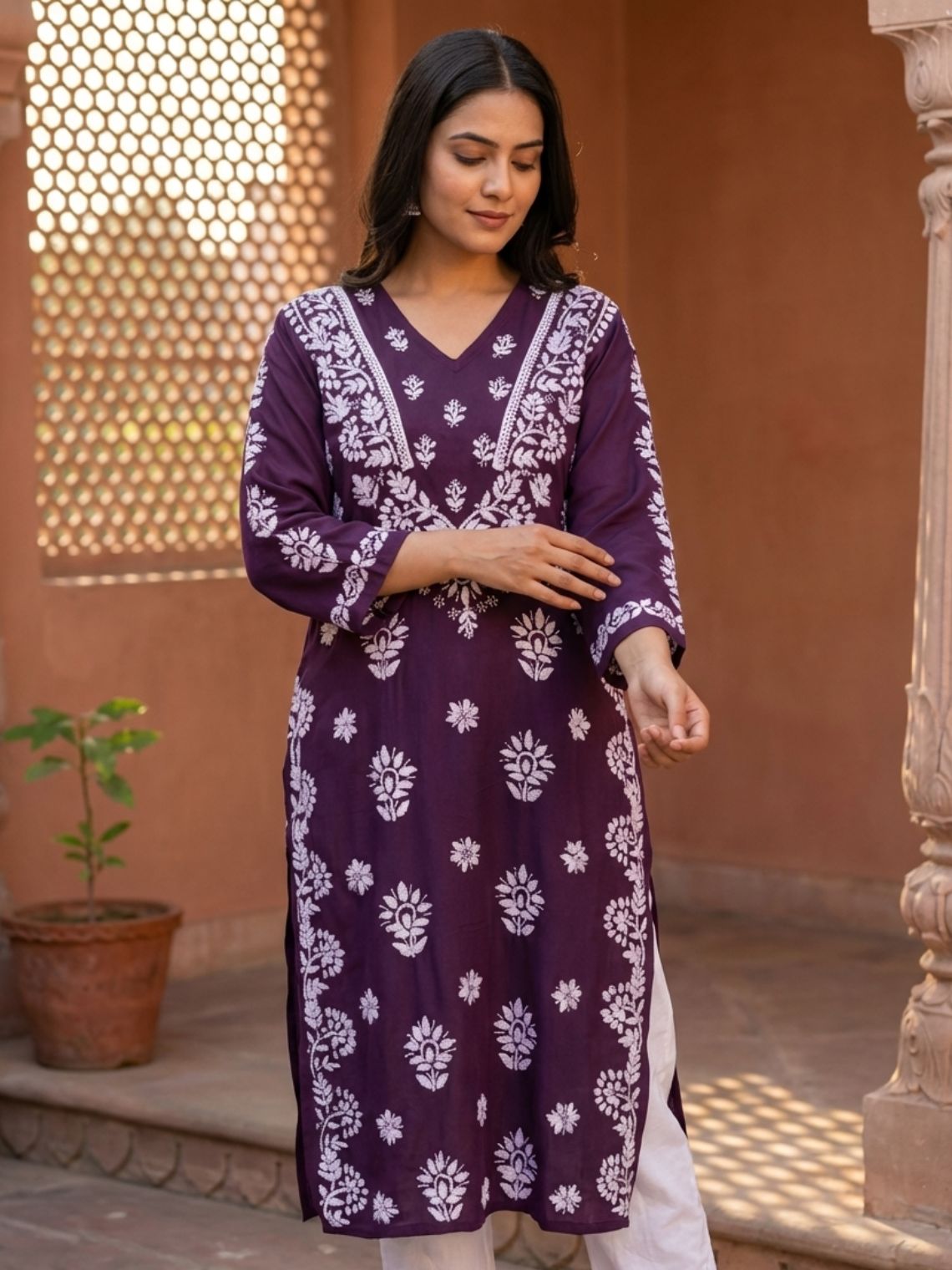 Navya Rayon Straight Chikankari Kurti with Lace - Chowkhat Lifestyle