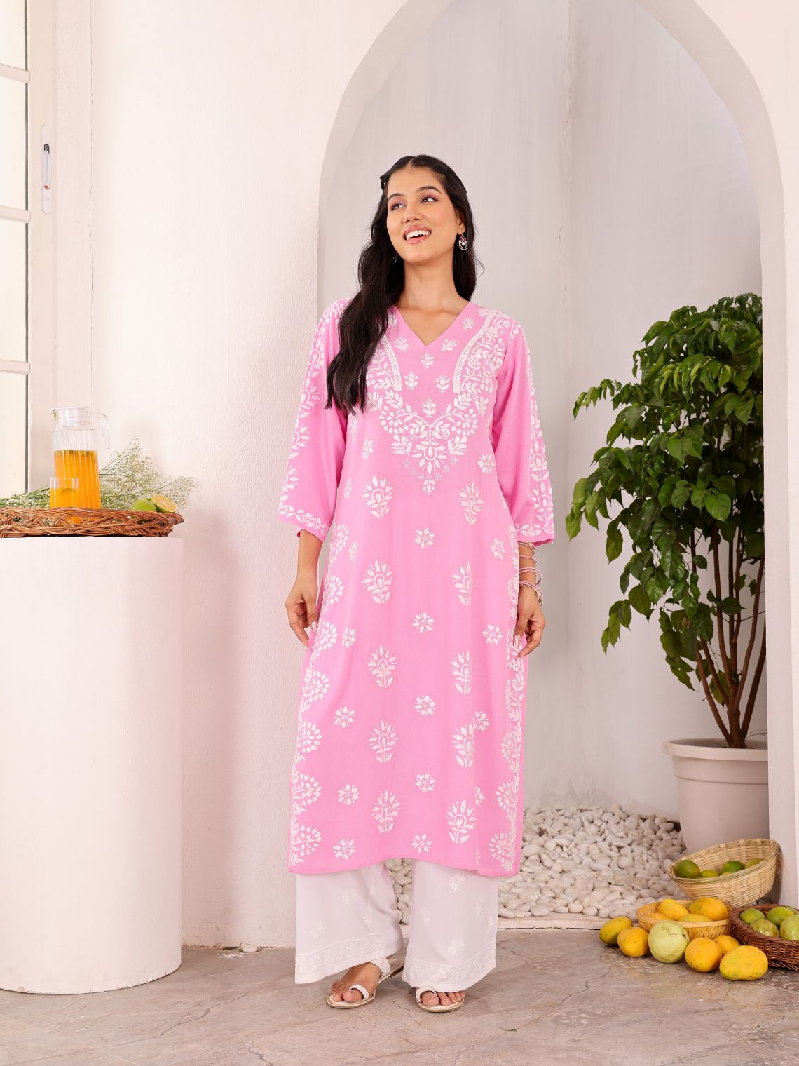 Navya Rayon Straight Chikankari Kurti with Lace Detailing - Chowkhat Lifestyle