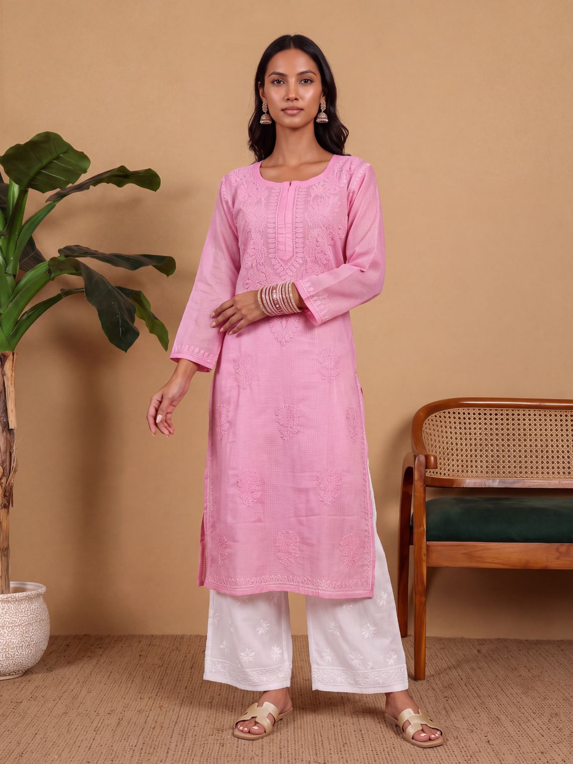 Sana Kota Doria Chikankari long Kurta with Inner - Chowkhat Lifestyle