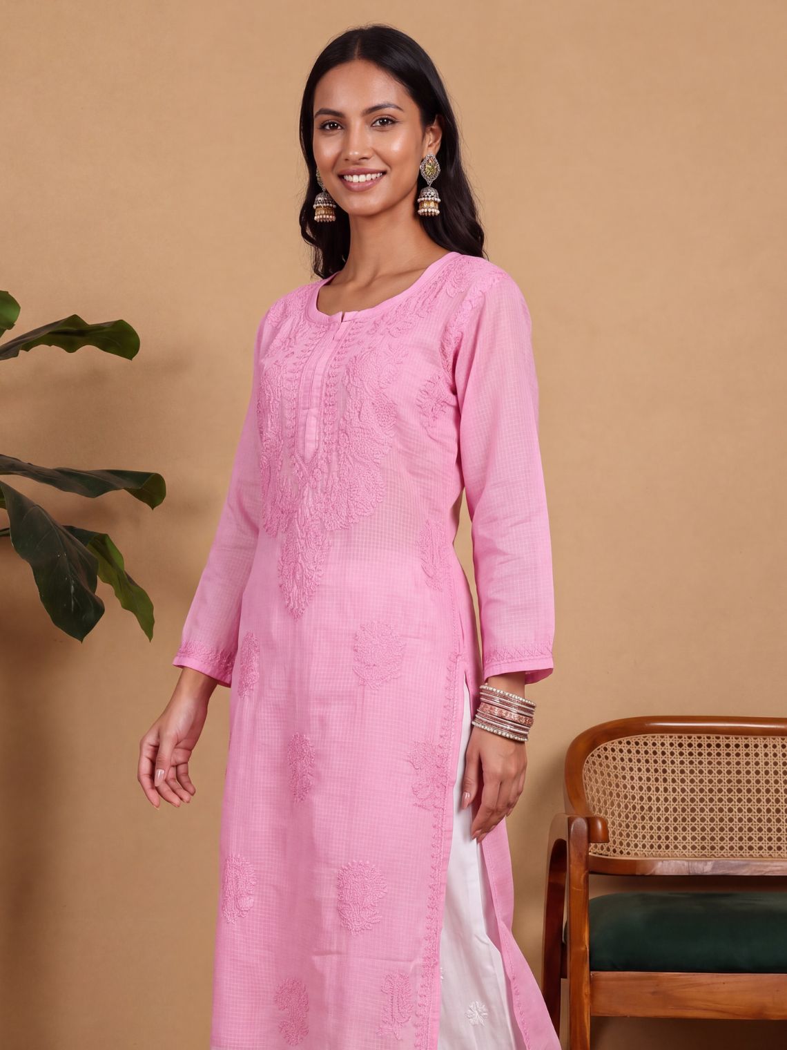 Sana Kota Doria Chikankari long Kurta with Inner - Chowkhat Lifestyle