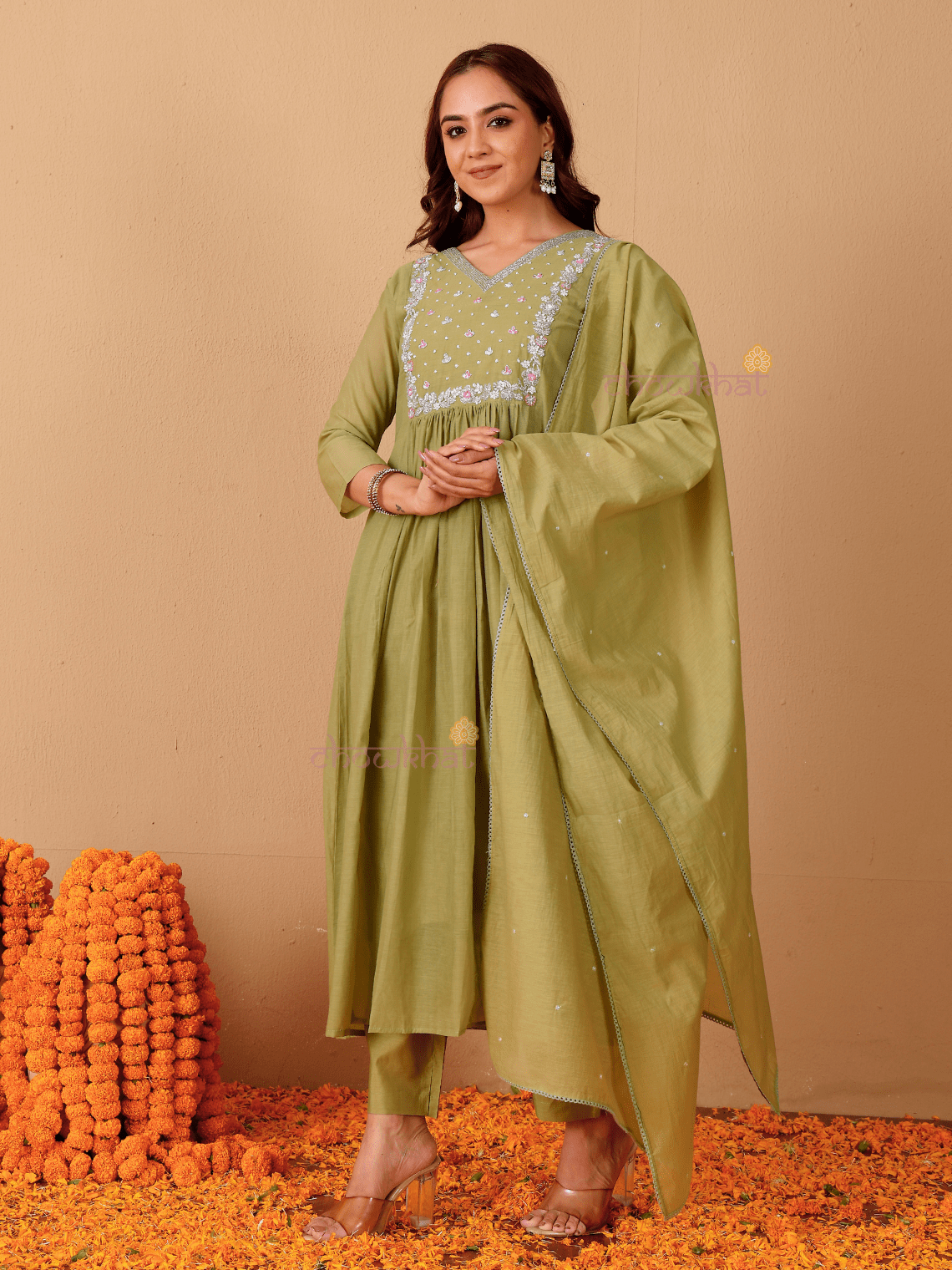 Rhea Mul Chanderi 3 Piece Nyra Style Stitched Suit Set with Adda Work - Chowkhat Lifestyle