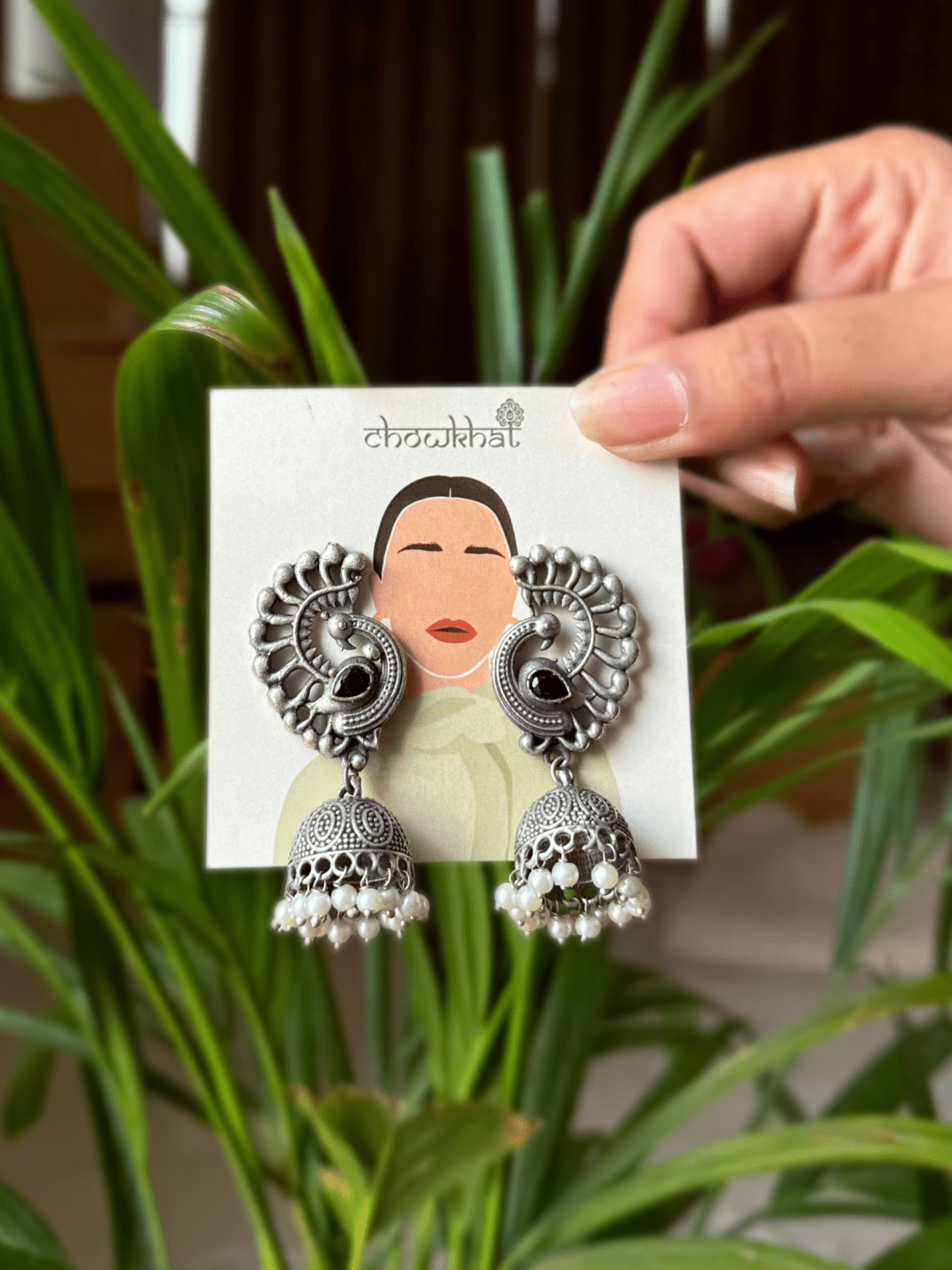 Peacock Pearl German Silver Earrings - Chowkhat Lifestyle