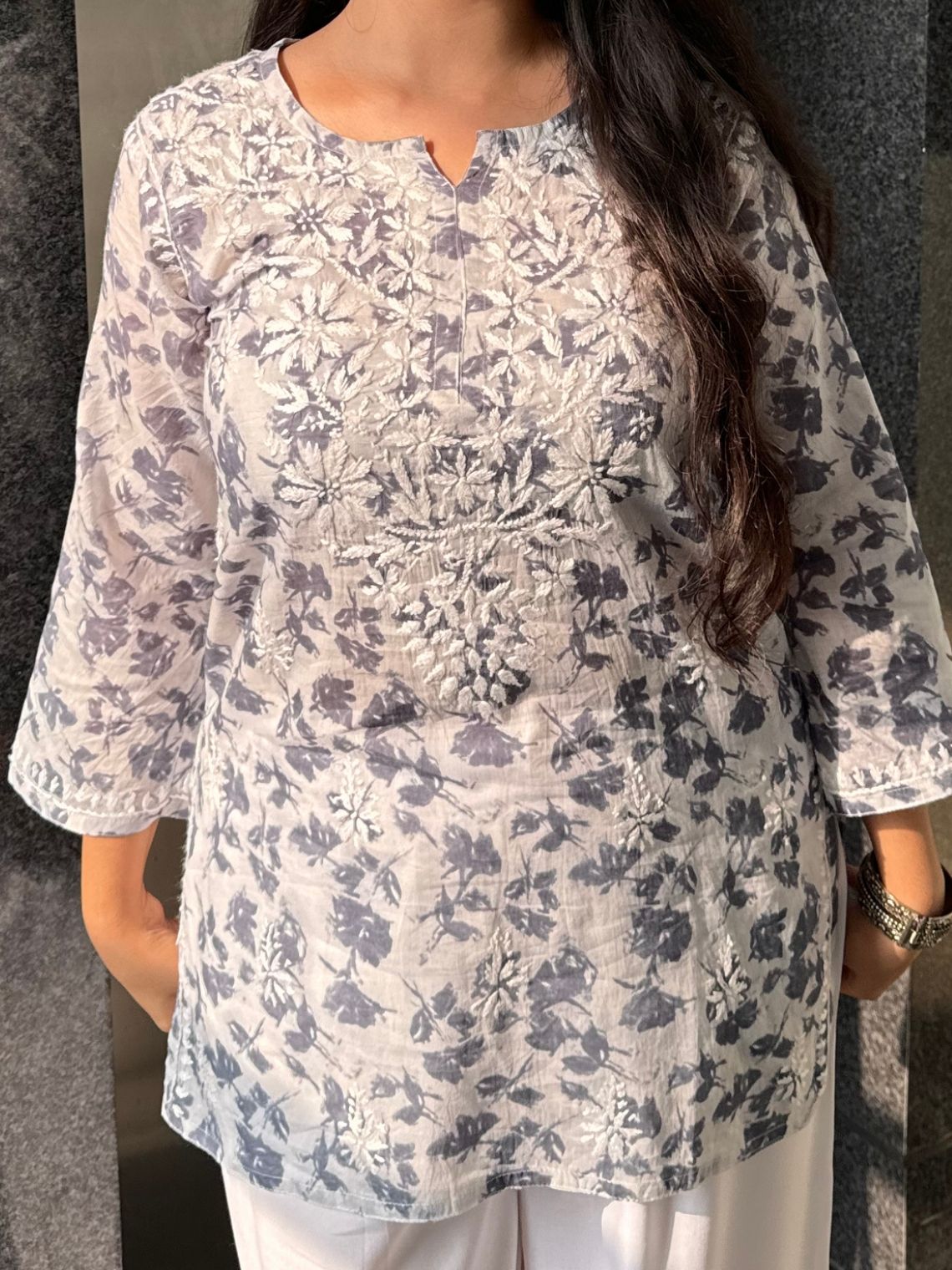 Diya Mul Cotton Short Handprinted Chikankari Kurti - Chowkhat Lifestyle