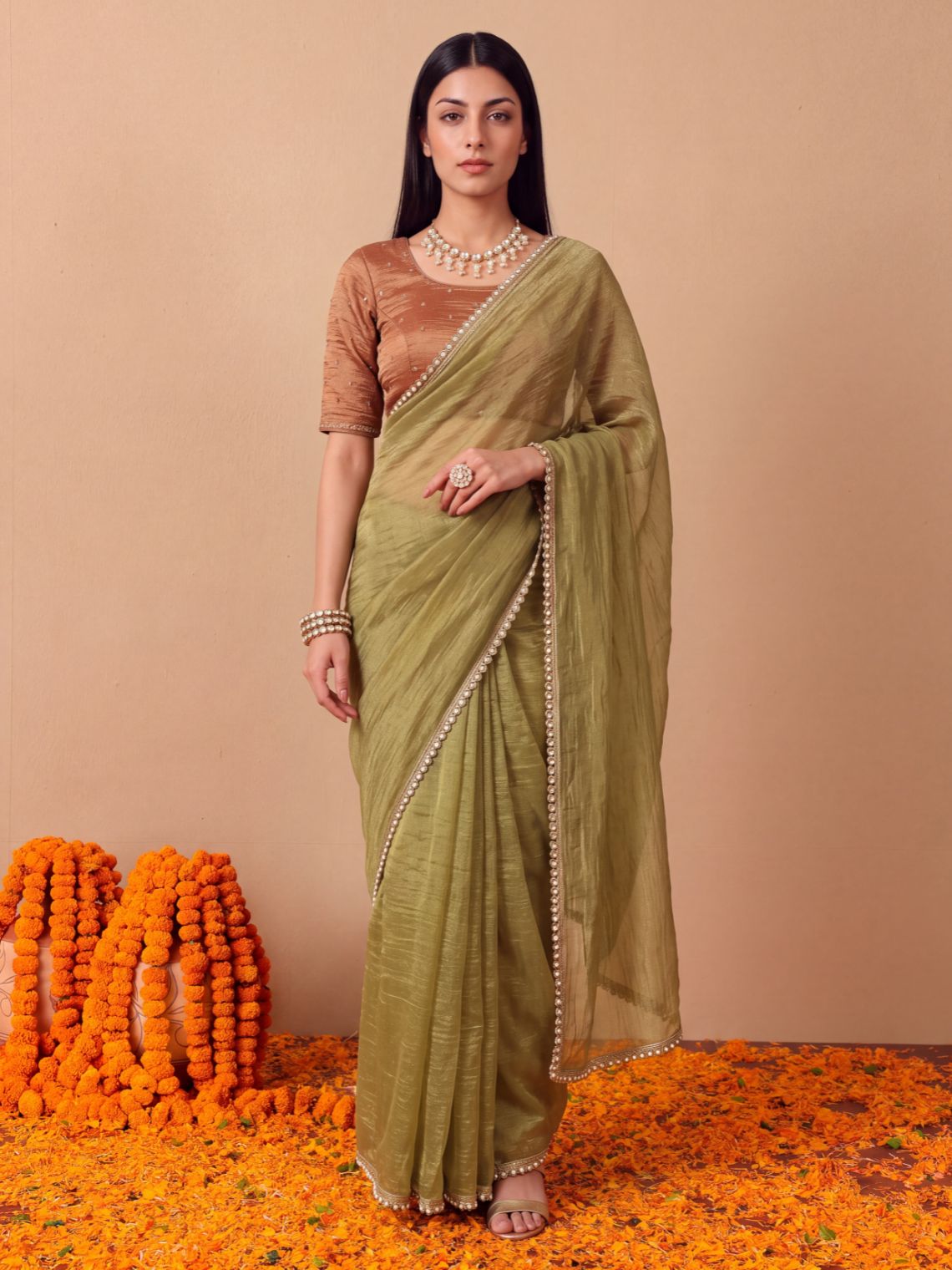 Param Sundari Shimmer Tissue Saree with Lace Detailing & Contrast Blouse Piece - Chowkhat Lifestyle