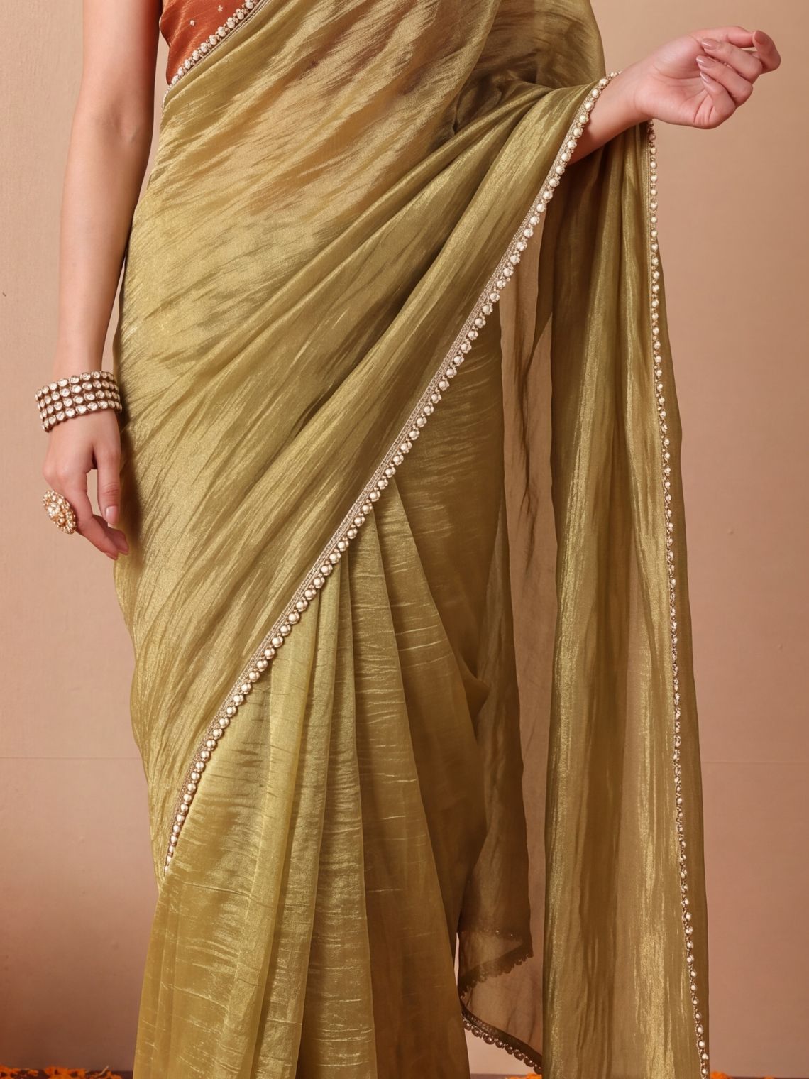Param Sundari Shimmer Tissue Saree with Lace Detailing & Contrast Blouse Piece - Chowkhat Lifestyle