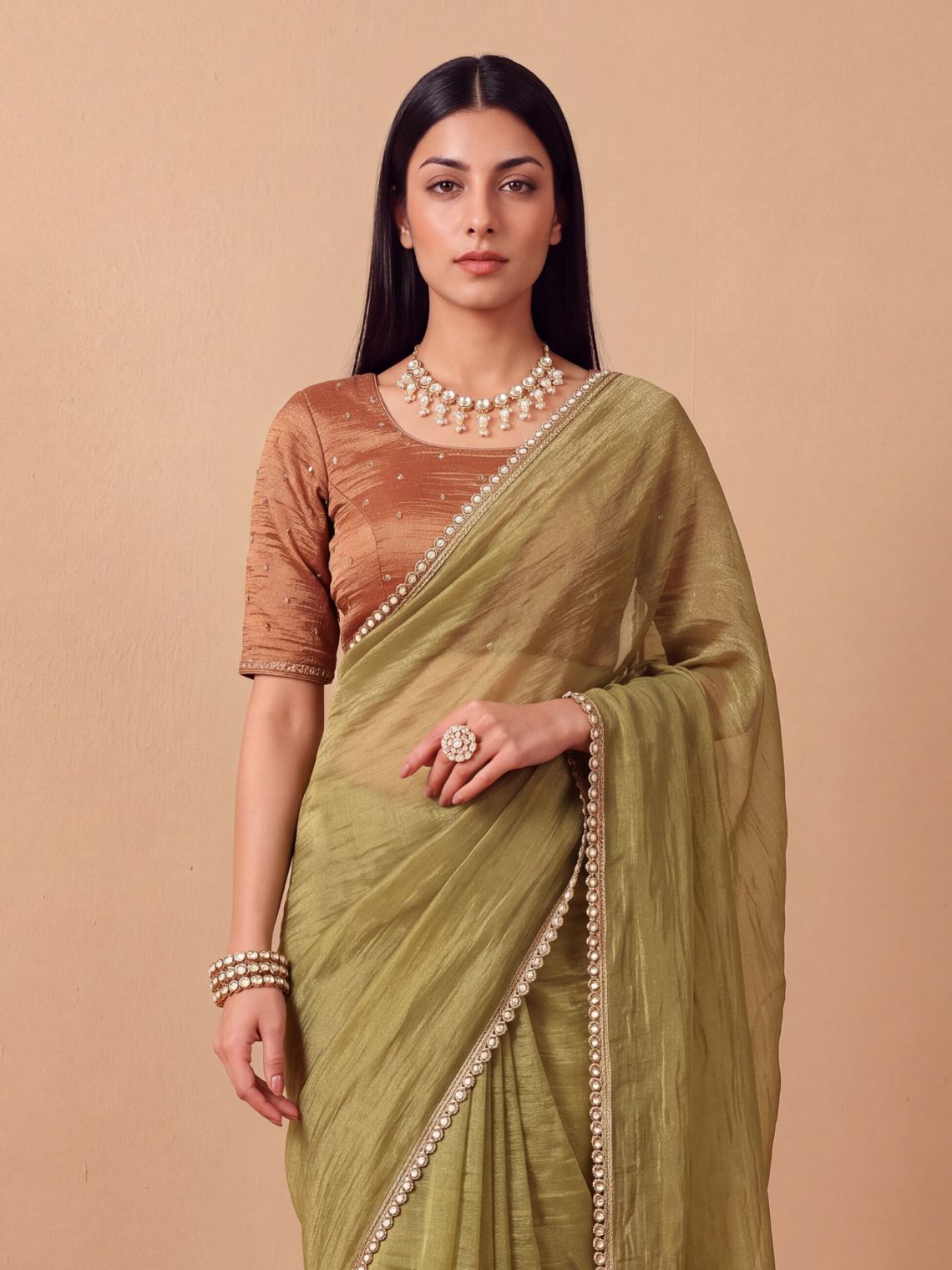 Param Sundari Shimmer Tissue Saree with Lace Detailing & Contrast Blouse Piece - Chowkhat Lifestyle