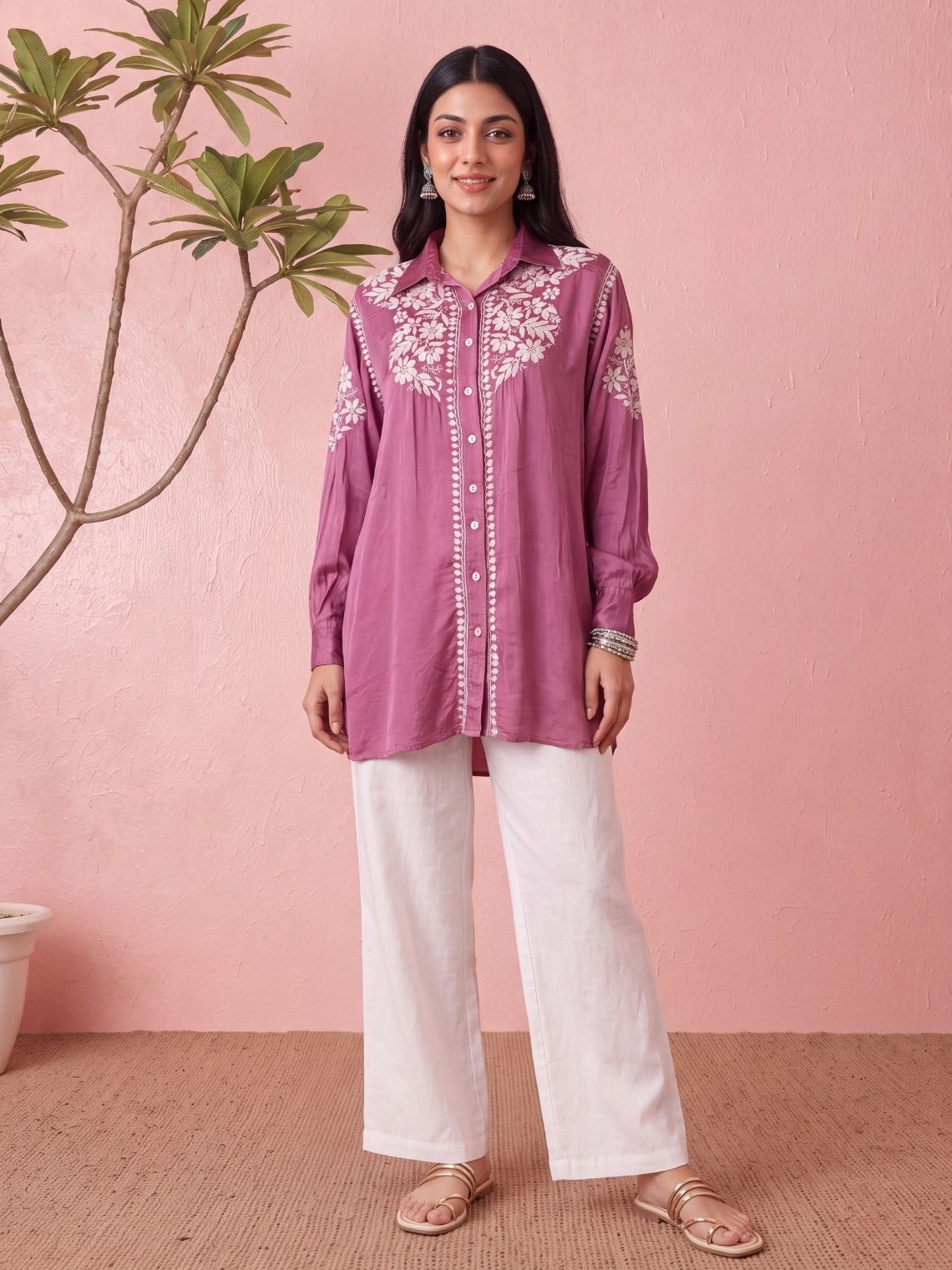 Kashika Modal Satin Chikankari High Low Shirt - Chowkhat Lifestyle
