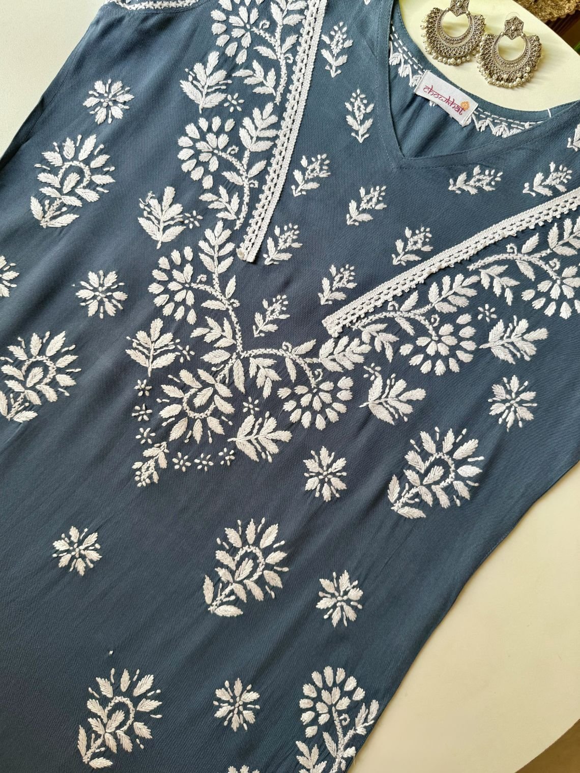 Navya Rayon Straight Chikankari Kurti with Lace - Chowkhat Lifestyle