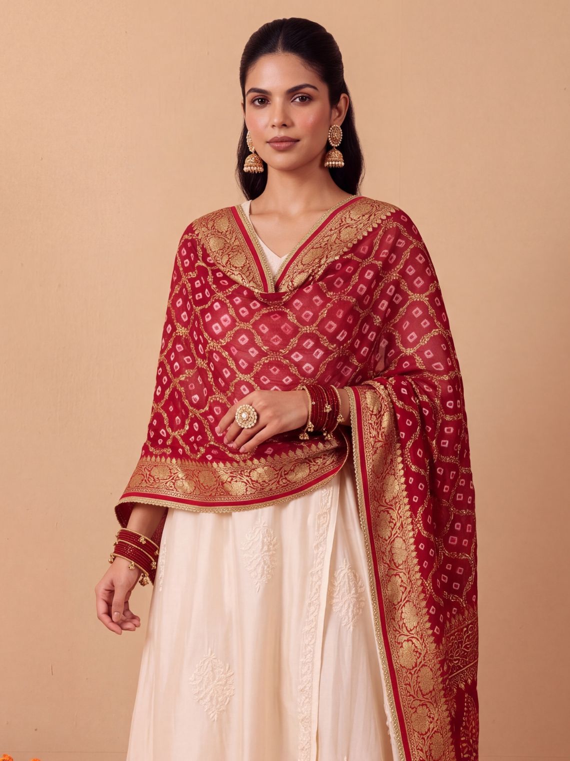 Kusum Premium Bandhani Viscose Georgette Dupatta with Gota Lace