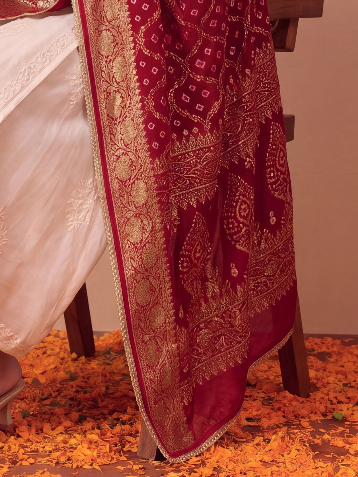 Kusum Premium Bandhani Viscose Georgette Dupatta with Gota Lace