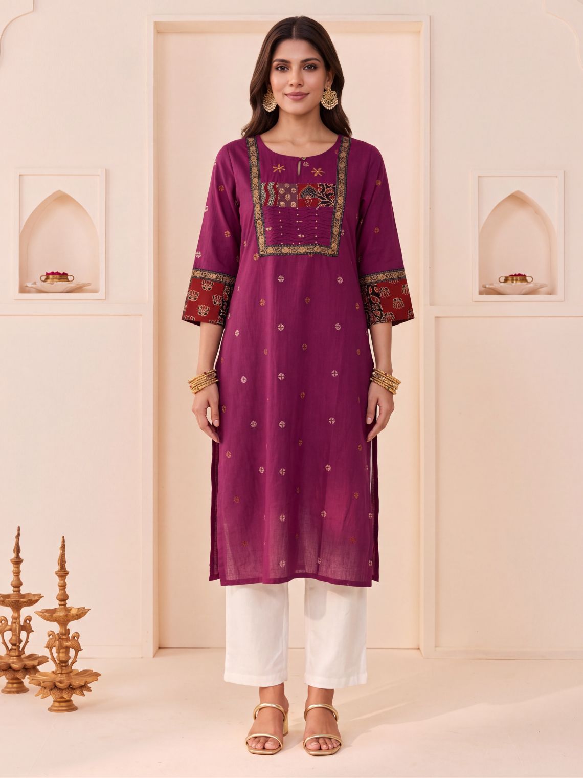 Saanjh Handloom Cotton Straight Kurti with Handwork - Purple - Chowkhat Lifestyle