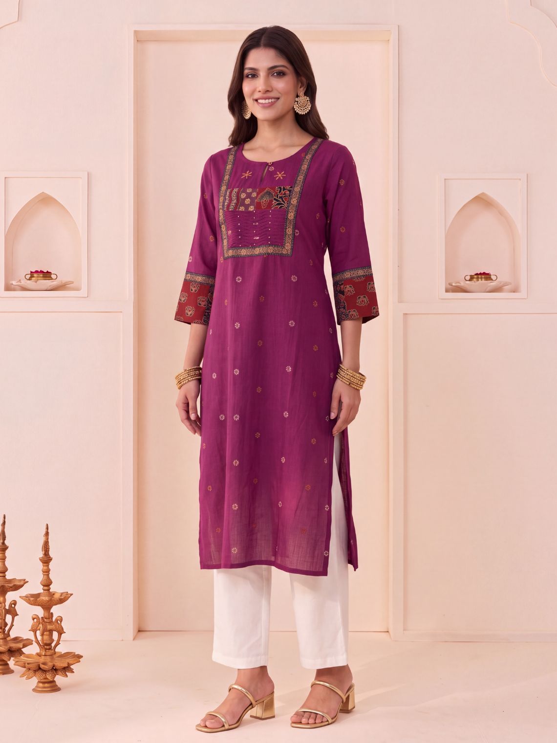 Saanjh Handloom Cotton Straight Kurti with Handwork - Purple - Chowkhat Lifestyle