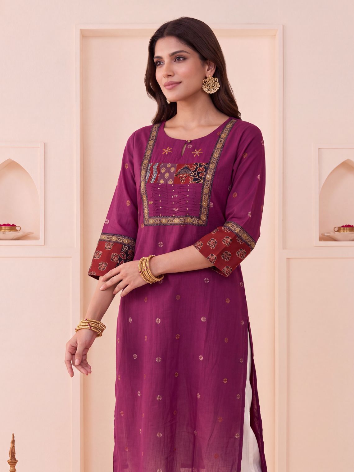 Saanjh Handloom Cotton Straight Kurti with Handwork - Purple - Chowkhat Lifestyle