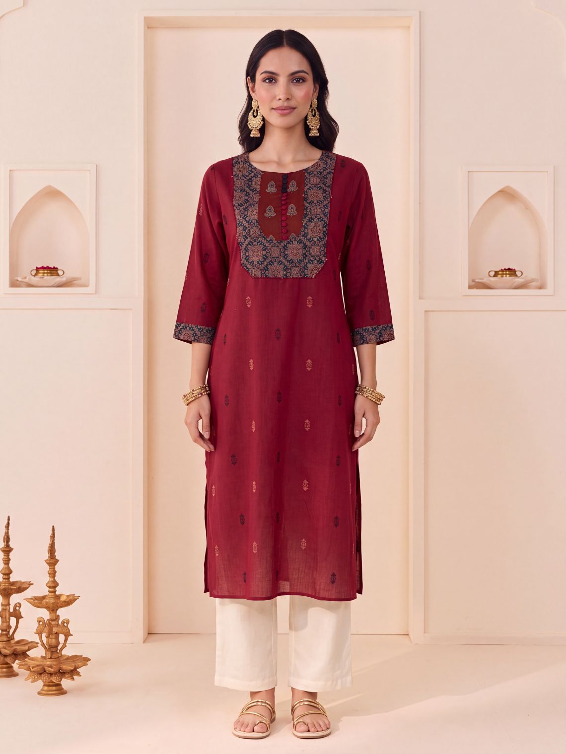 Saanjh Handloom Cotton Straight Kurti with Handwork - Red - Chowkhat Lifestyle